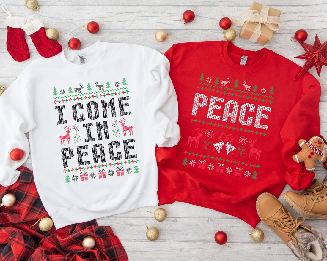 H9NEKO Couples Ugly Christmas Sweatshirt - "Come in Peace" Matching Gift