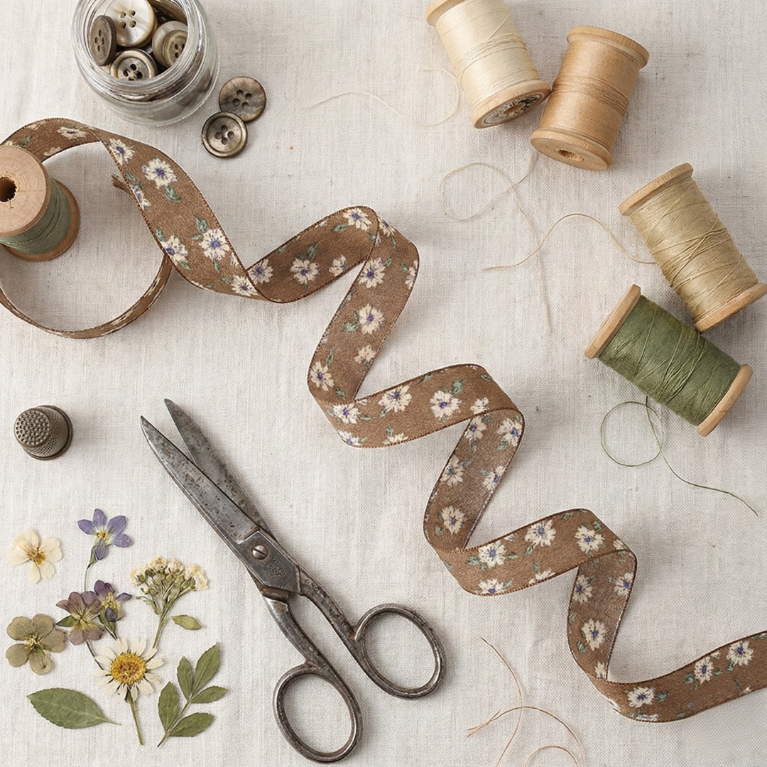 Mocha Wildflower Print Ribbon 1" x 10yd | Fall Farmhouse Style for Wrapping & Crafts | H9Neko