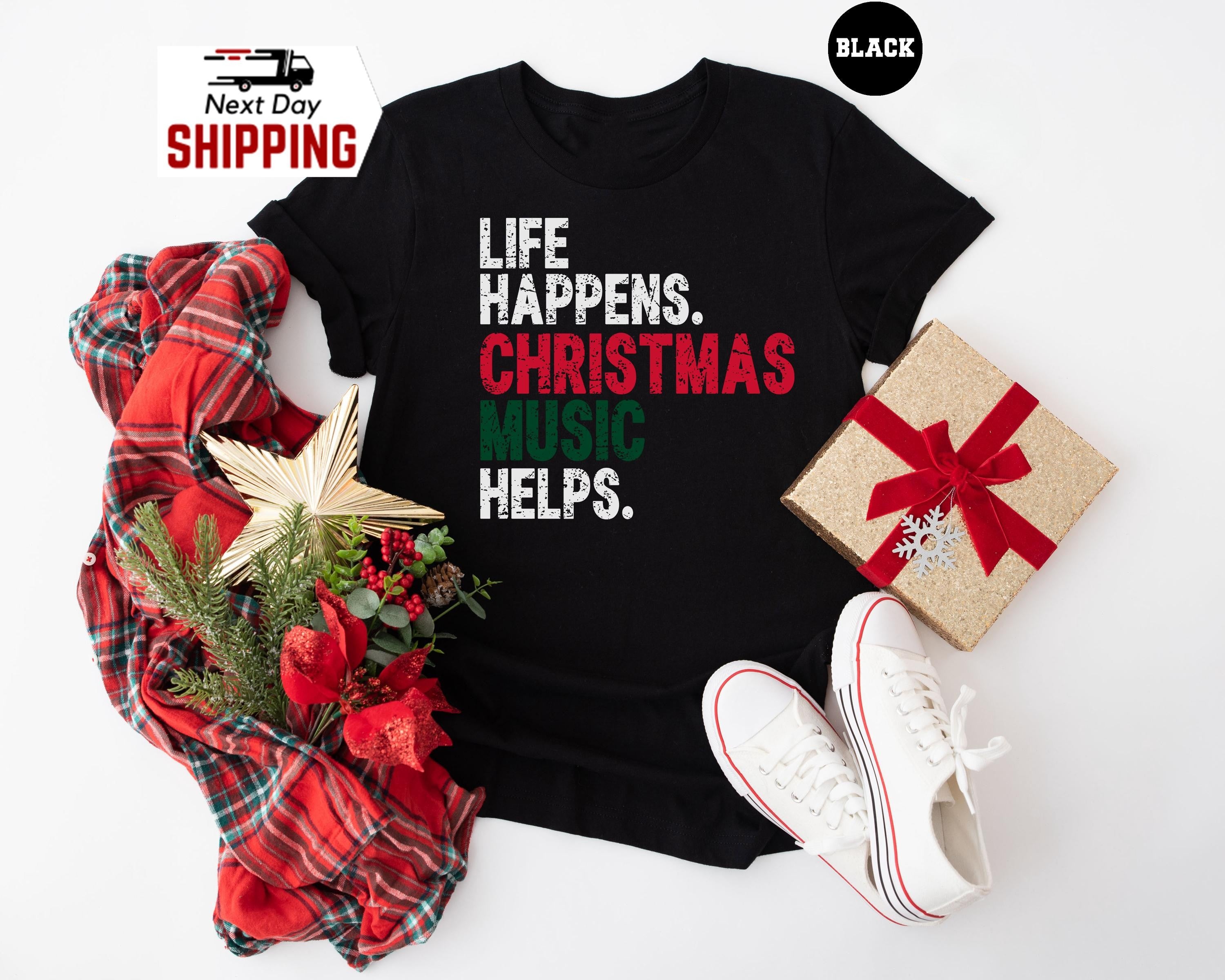 H9NEKO Funny Christmas Music Helps Shirt - Life Happens Tee Gift