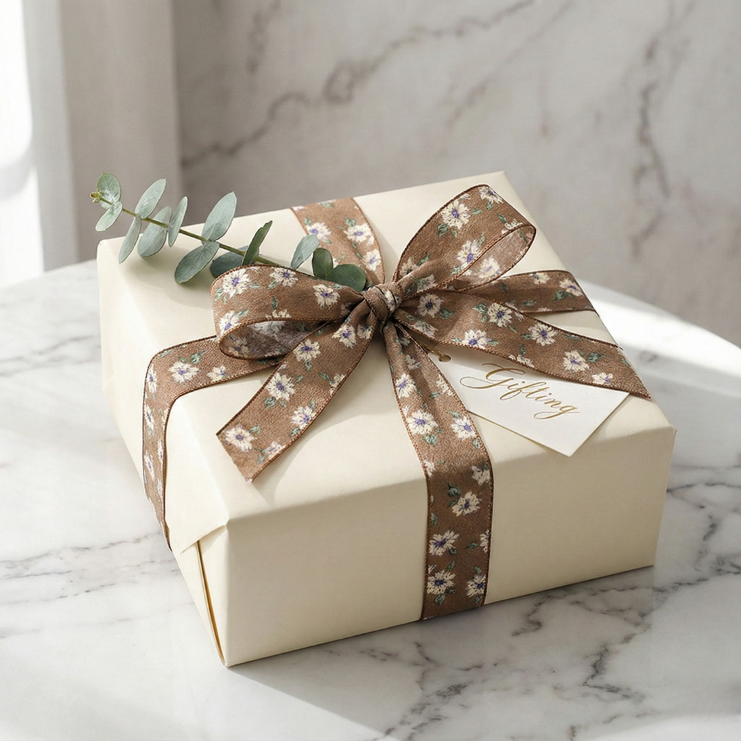 Mocha Wildflower Print Ribbon 1" x 10yd | Fall Farmhouse Style for Wrapping & Crafts | H9Neko