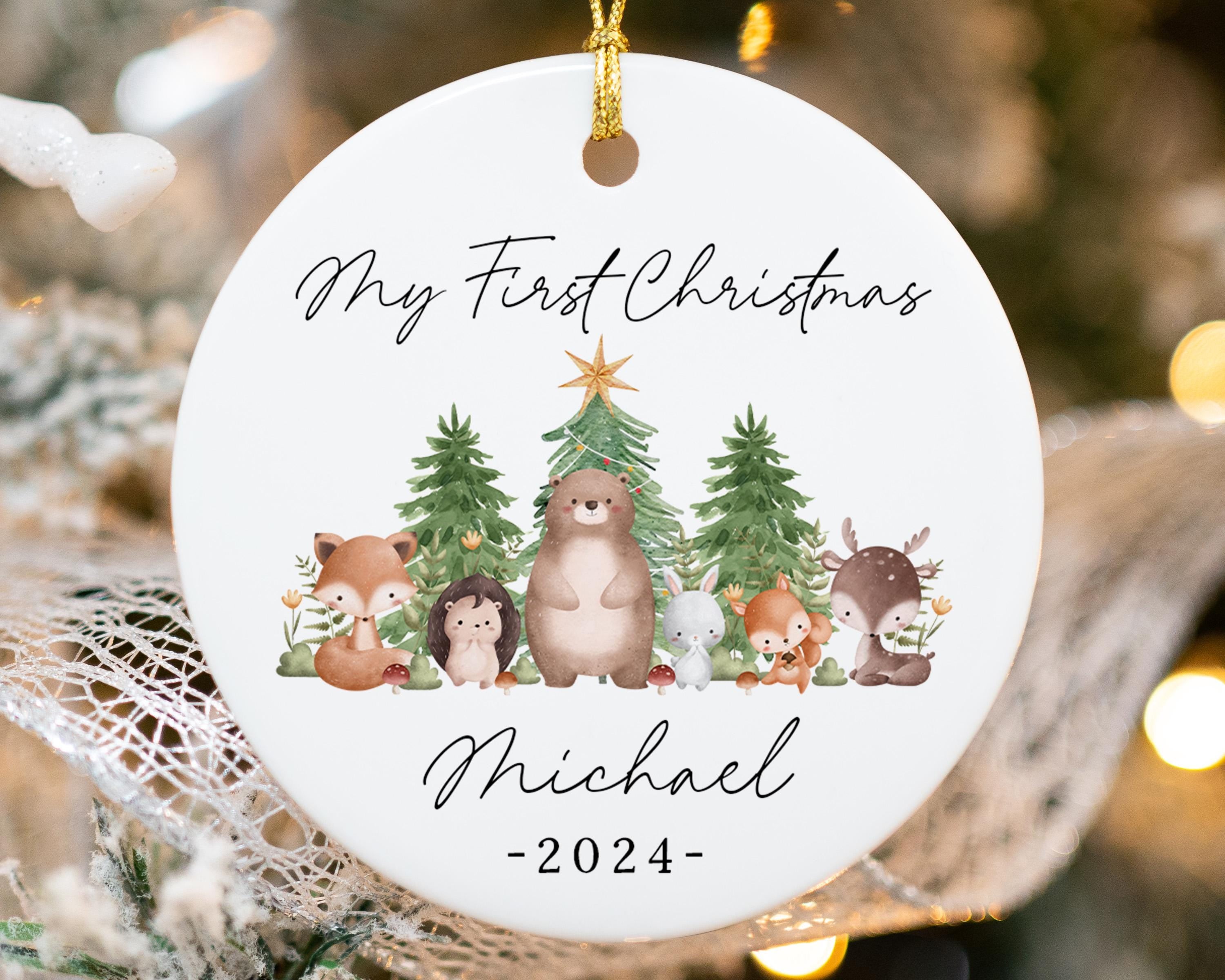 My First Christmas Kids Ornament - Personalized Woodland Name Tag