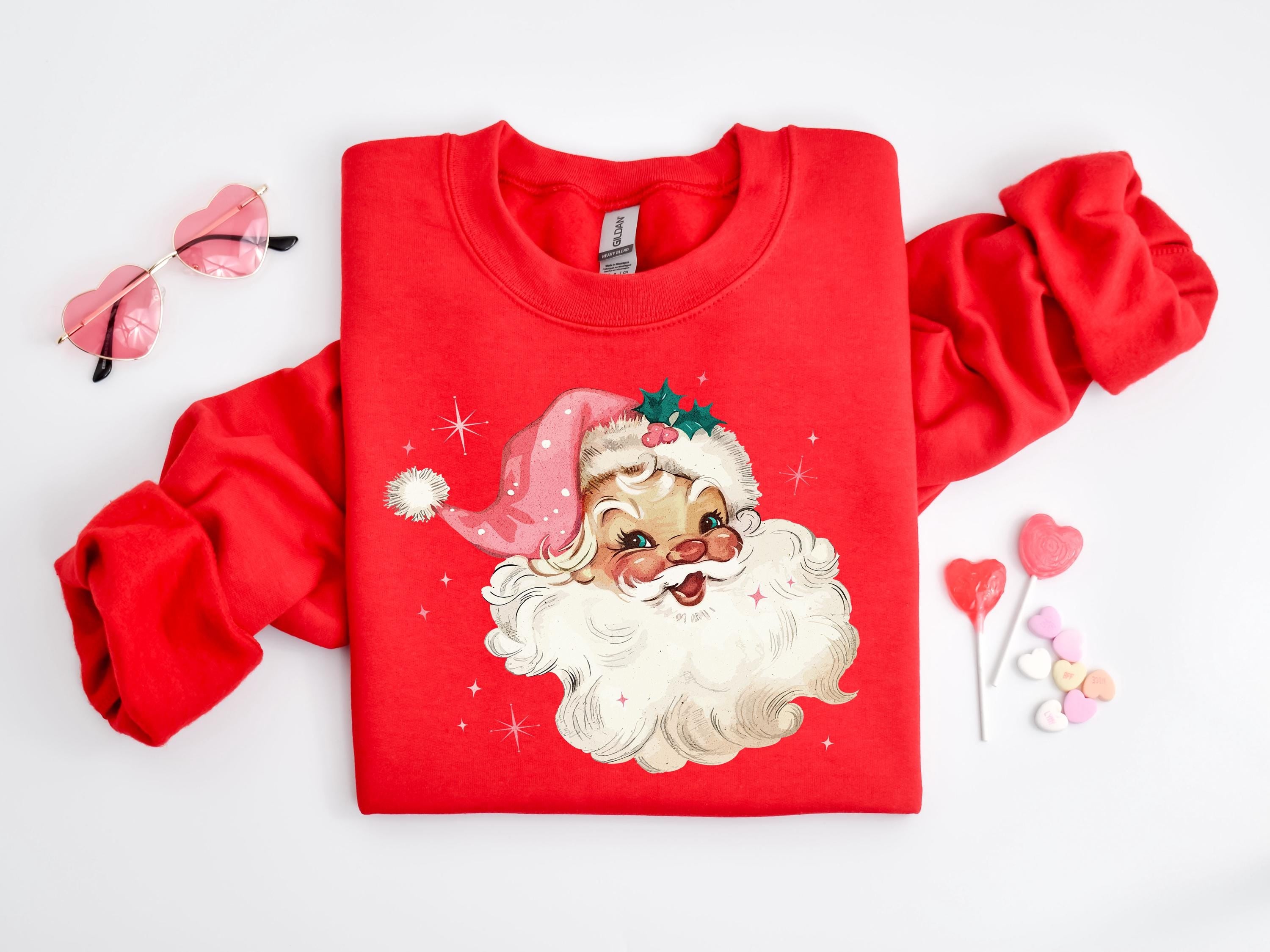 H9NEKO Pink Santa Retro Christmas Sweatshirt - Matching Family Sweater