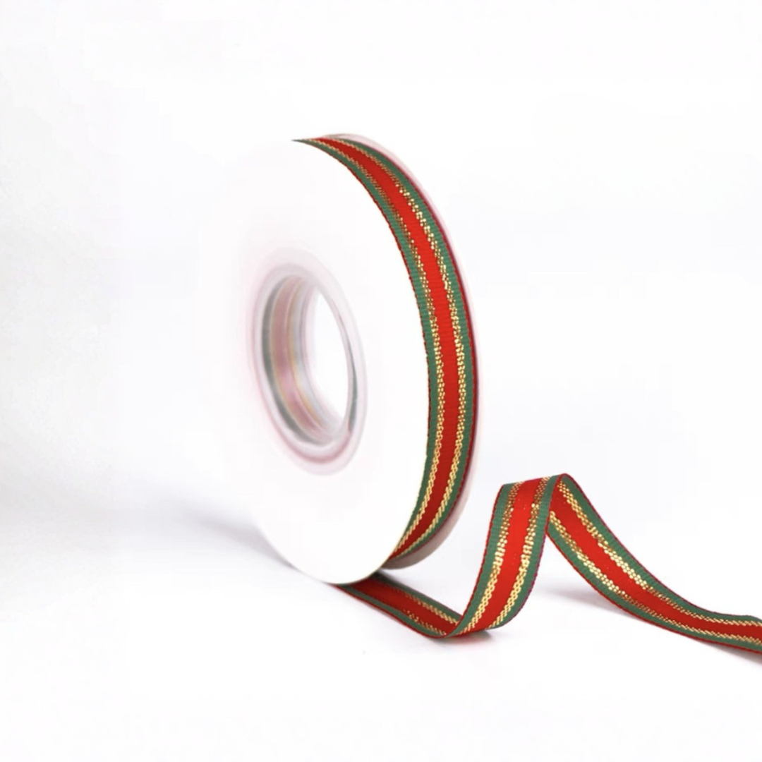 H9Neko Christmas Gift Wrapping Ribbon Wide, Red Green Gold Metallic Holiday Trim | 25 Yard Bulk Roll for DIY Wreaths & Craft Supplies