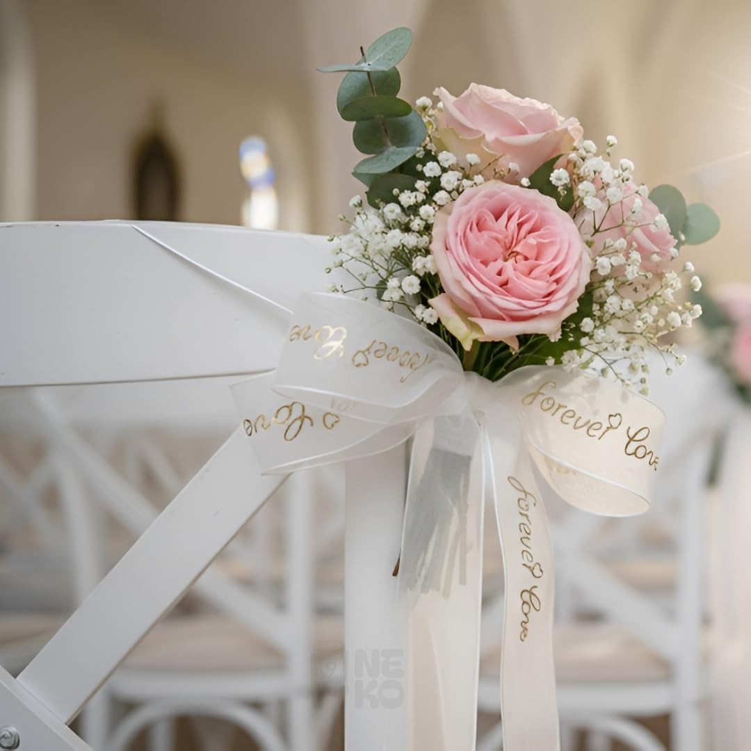 H9Neko 1-Inch Gold Foil Sheer Organza Ribbon |10 Yards Decorative Metallic Print Craft Ribbon for Gift Wrapping, Wedding, Floral Arrangements (Forever Love)