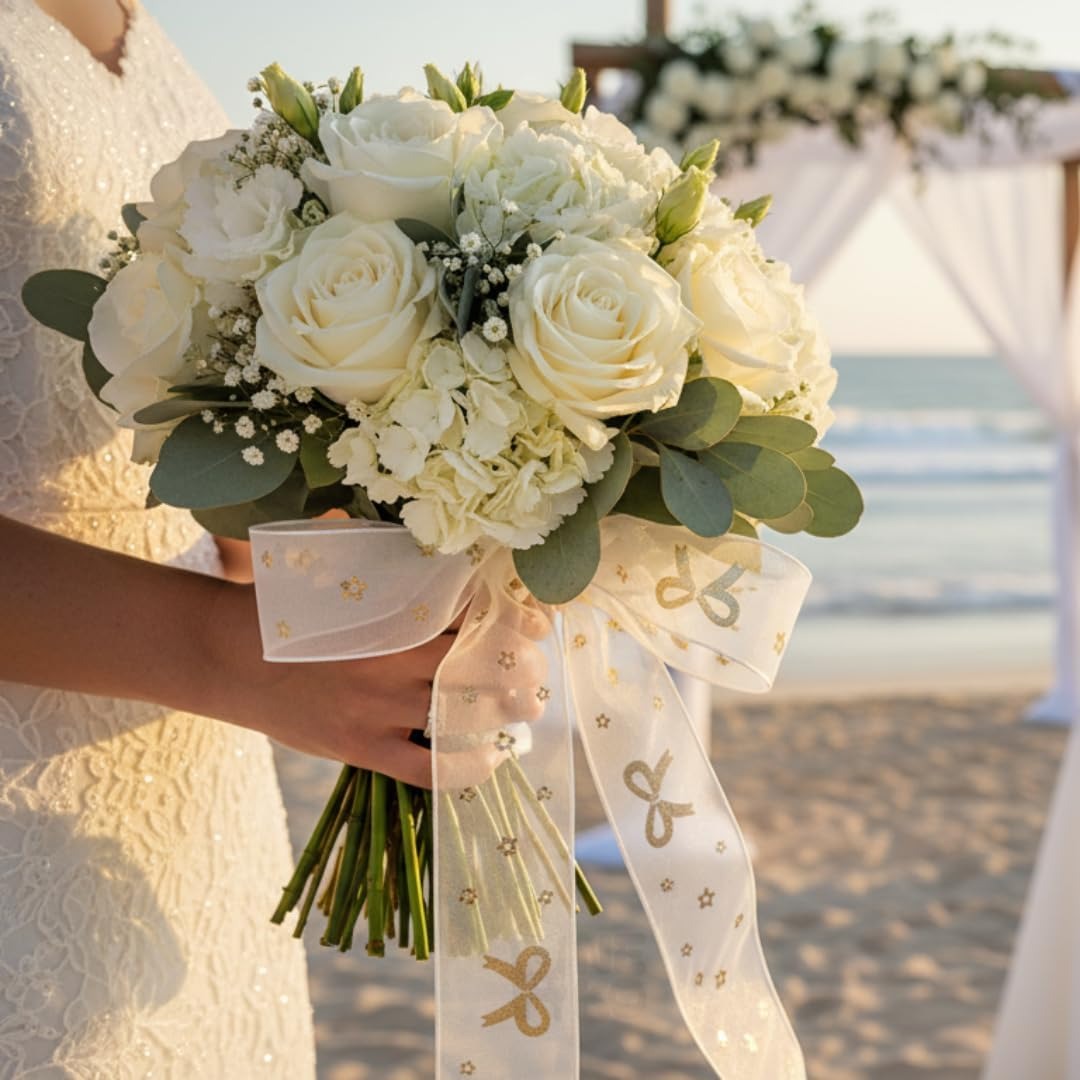 H9Neko 1-Inch Gold Foil Sheer Organza Ribbon |10 Yards Decorative Metallic Print Craft Ribbon for Gift Wrapping, Wedding, Floral Arrangements (Bow)