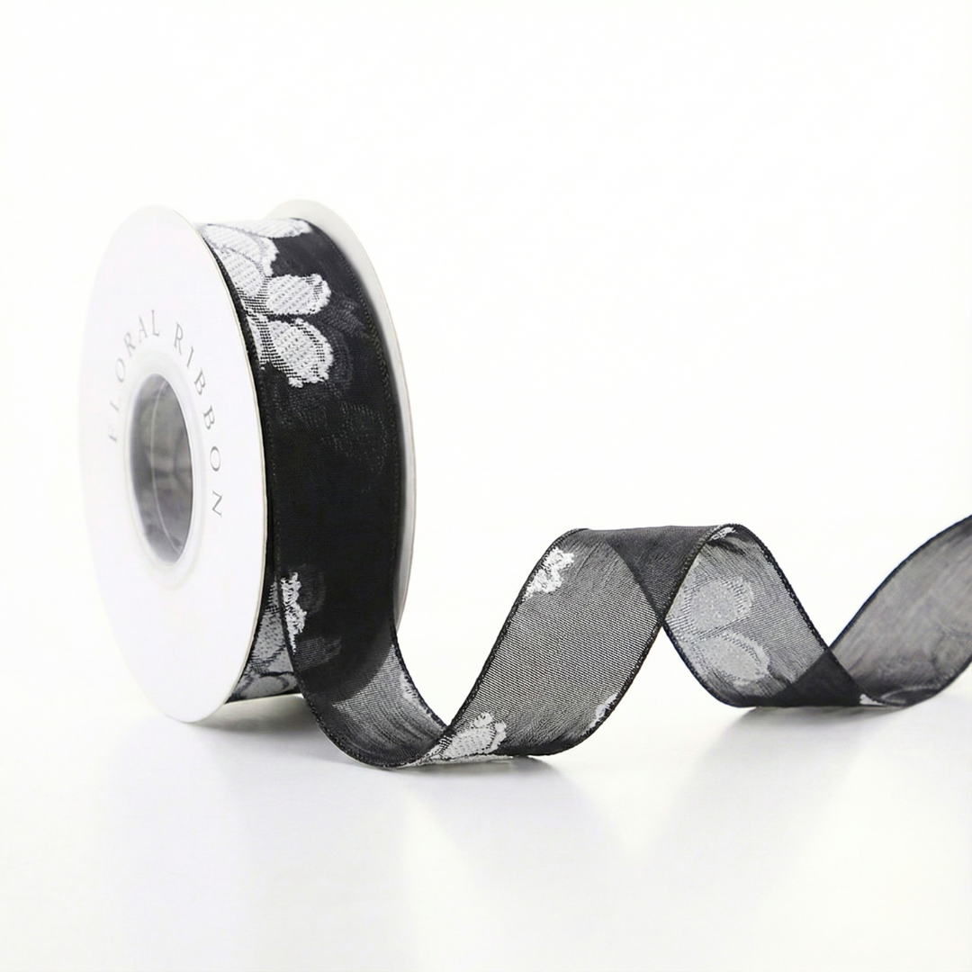 H9Neko Premium Solid Black Net Ribbon with Raised White Floral Embroidery