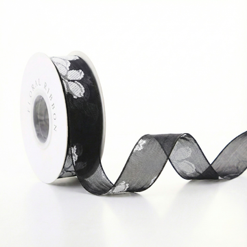 H9Neko Premium Solid Black Net Ribbon with Raised White Floral Embroidery