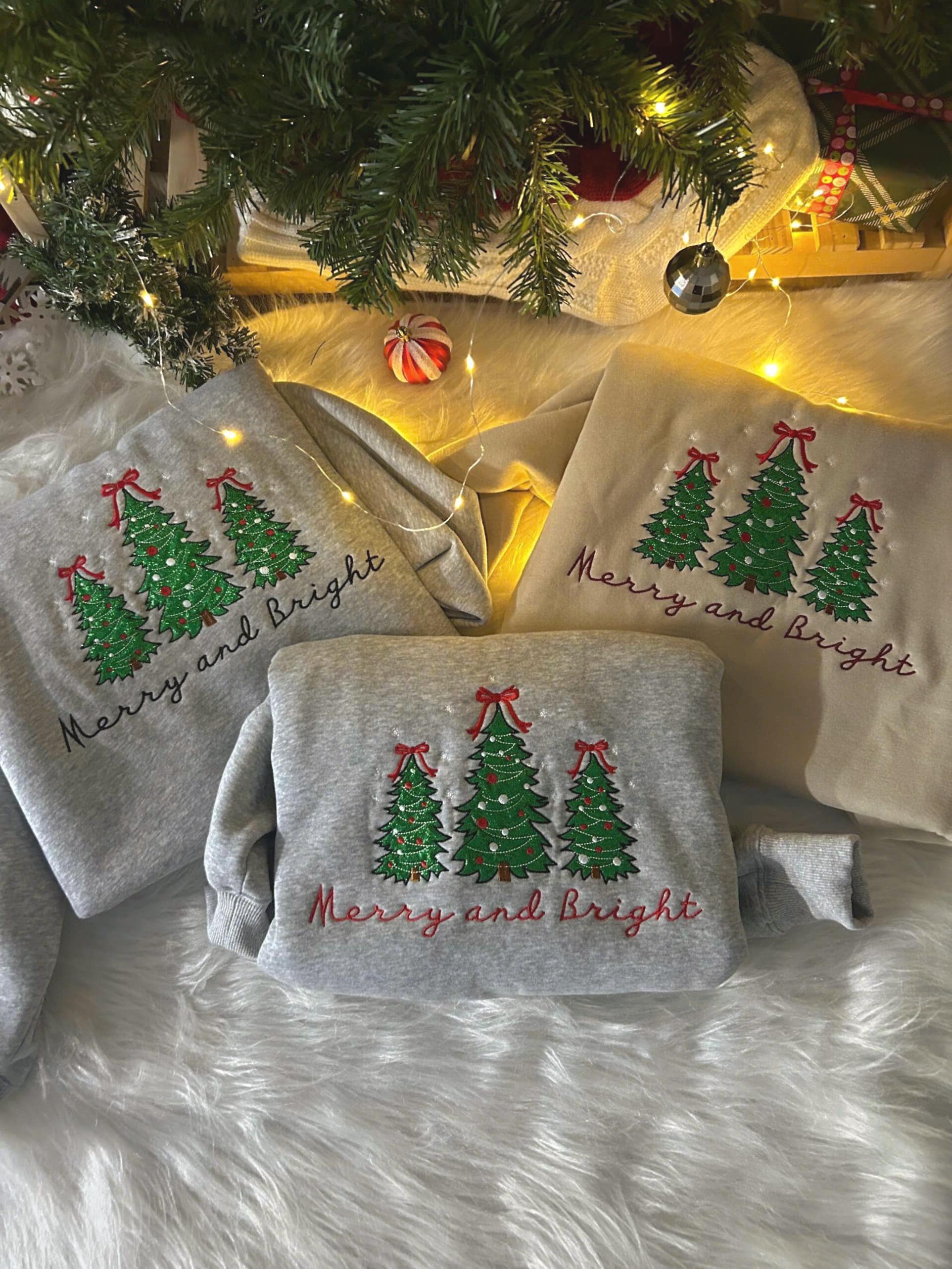 H9Neko Embroidered Pine Tree Christmas Sweatshirt – Merry and Bright Cozy Holiday Outfit