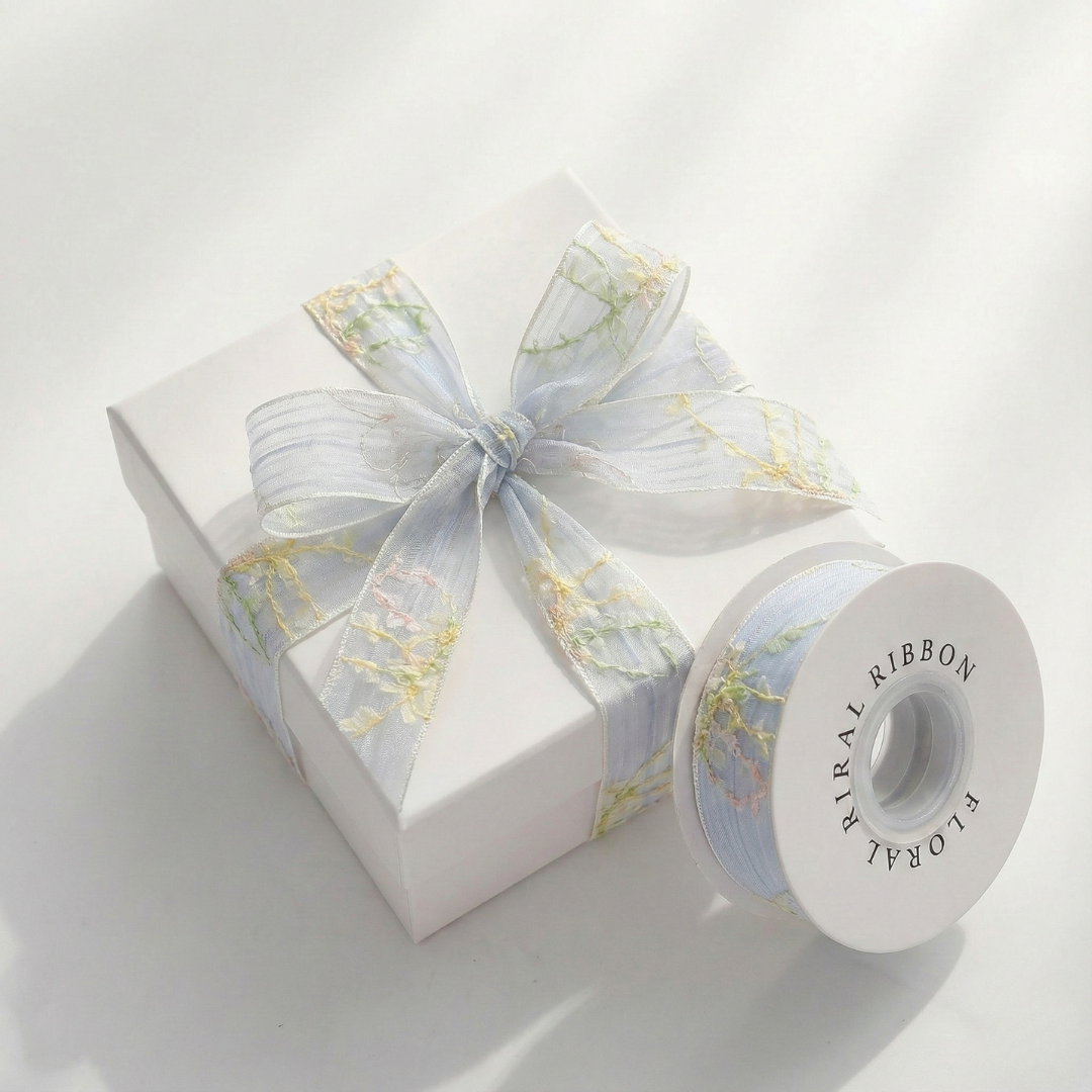 Frosty Blue Vine Sheer Ribbon 1" x 10yd | Delicate Winter Garden Gift Wrapping | H9Neko