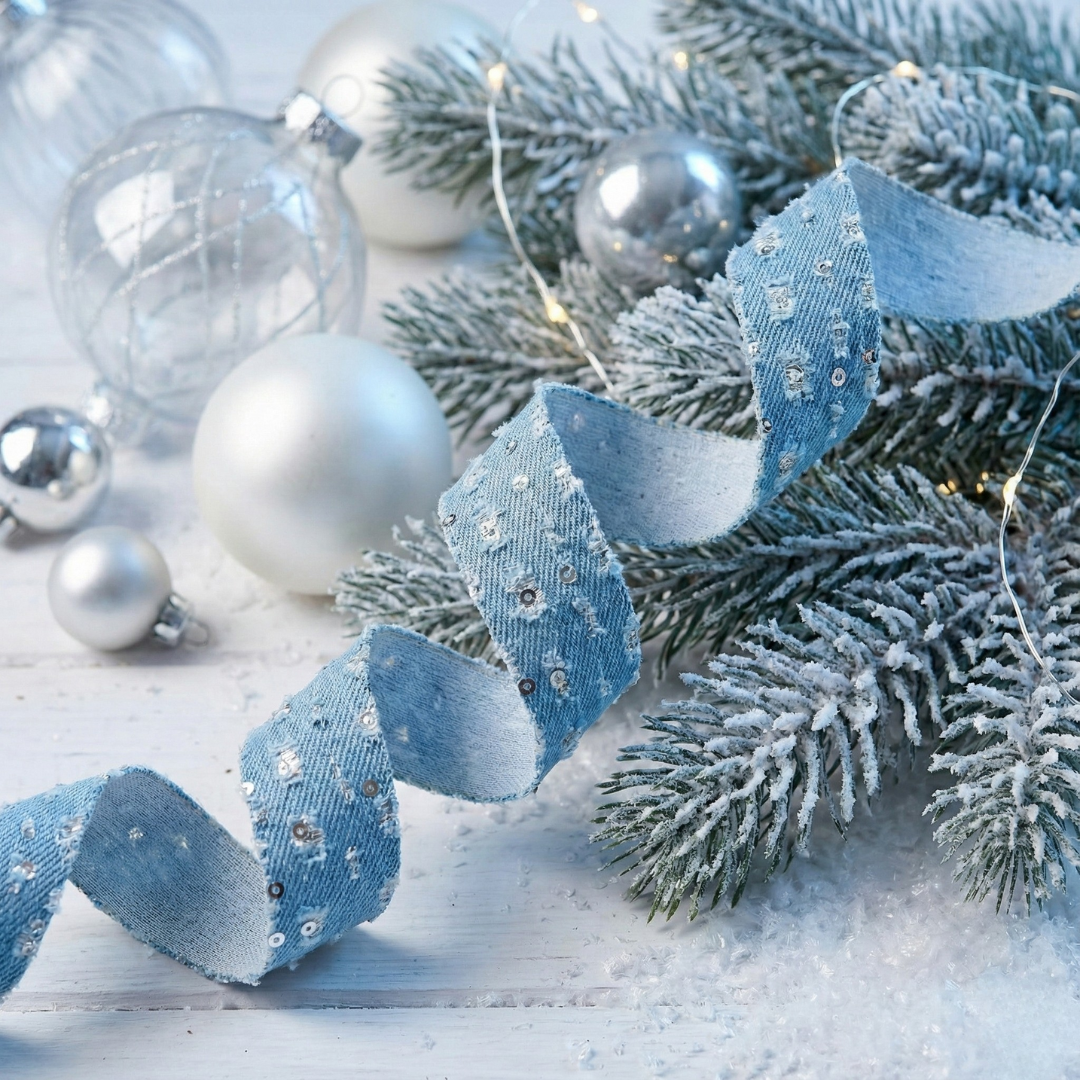 Sparkling Winter Denim Ribbon 1" x 10yd | Sequin Embellished Jean Texture for Christmas | Frozen Style Decor for Wreaths & Gifts H9Neko