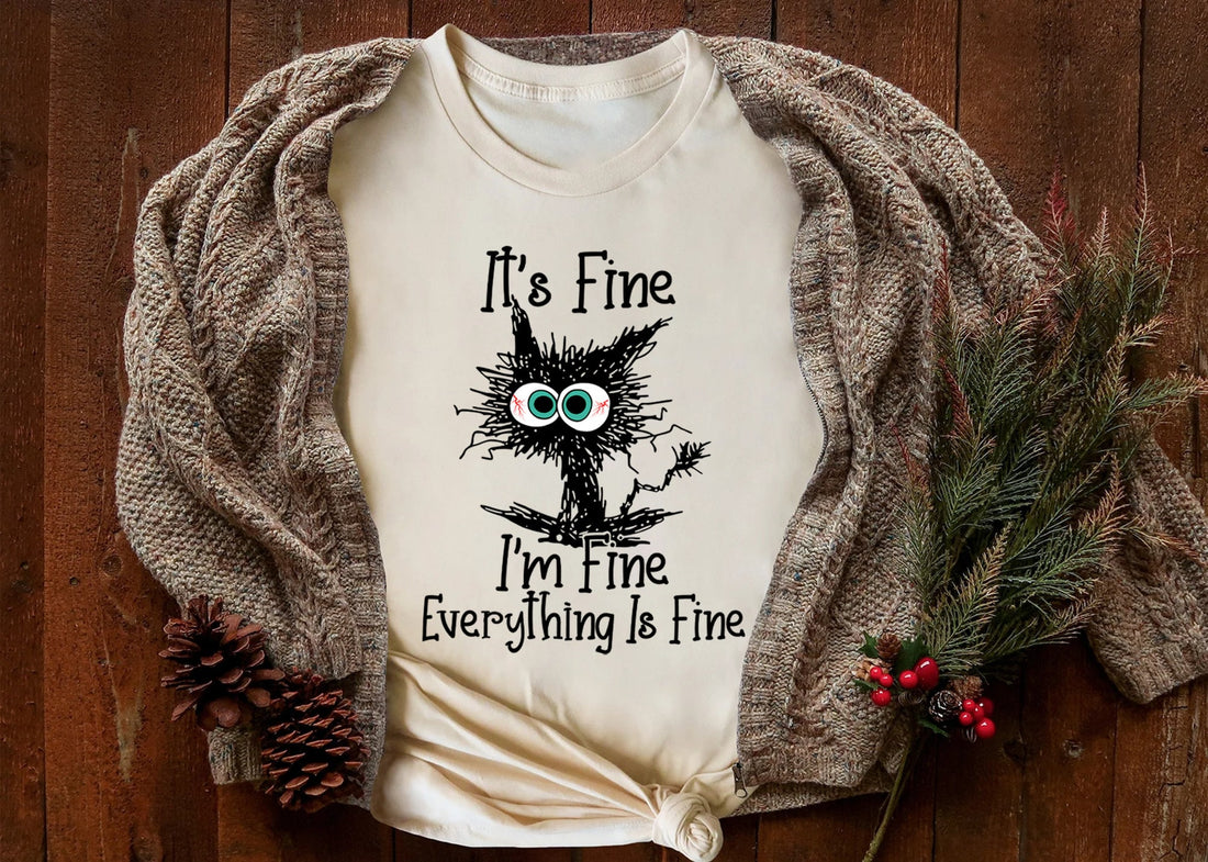 H9Neko “It’s Fine I’m Fine Everything Is Fine” Black Cat Shirt – Funny Cat Lover Tee, Cute Sarcastic T-Shirt, Humor Gift for Cat Lovers