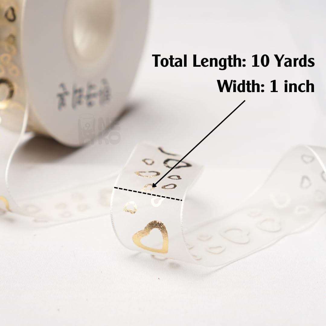 H9Neko 1-Inch Gold Foil Sheer Organza Ribbon |10 Yards Decorative Metallic Print Craft Ribbon for Gift Wrapping, Wedding, Floral Arrangements (Hearts)