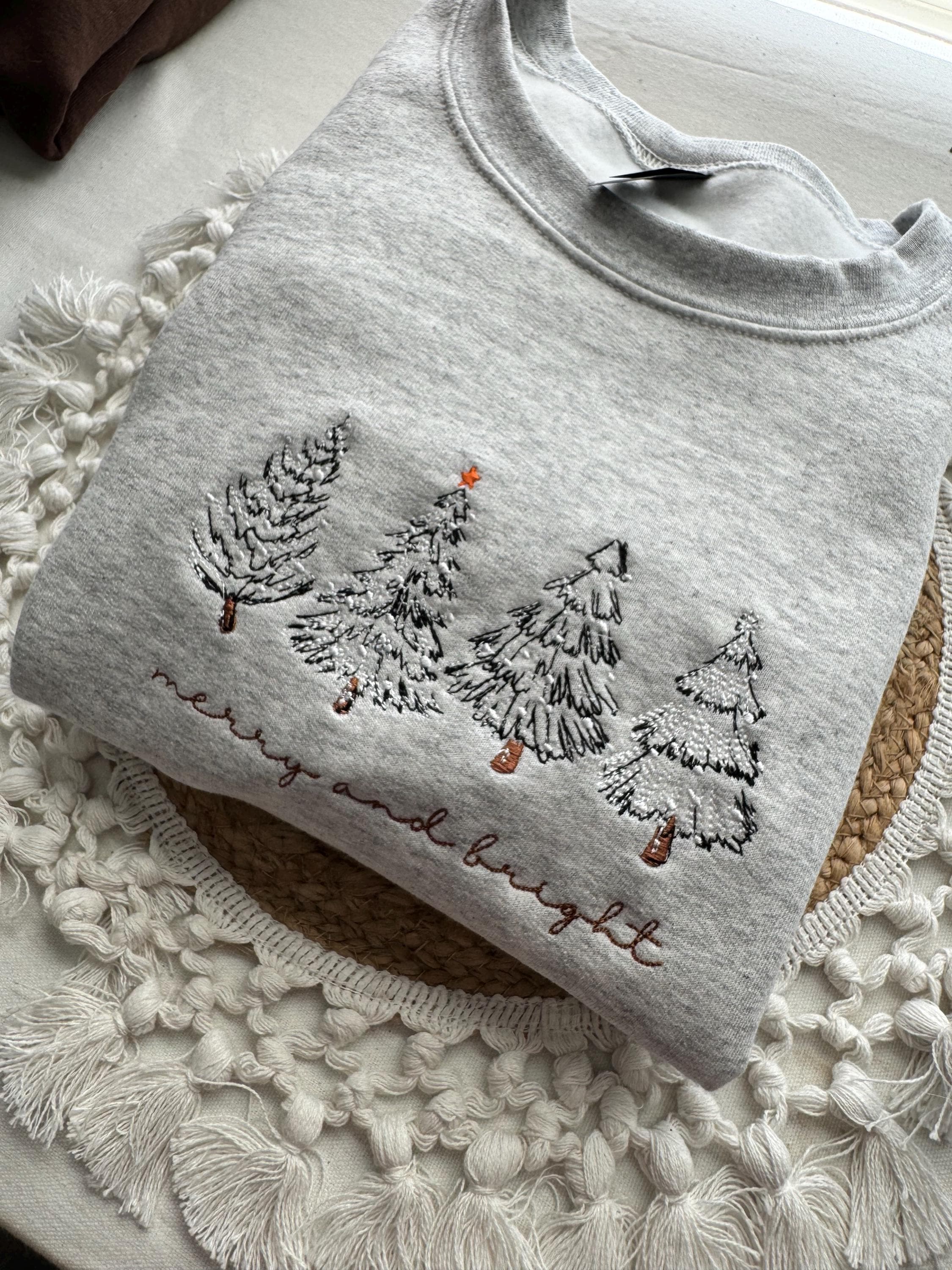 Merry & Bright Embroidered Christmas Hoodie – 4 Christmas Trees Crewneck | H9Neko