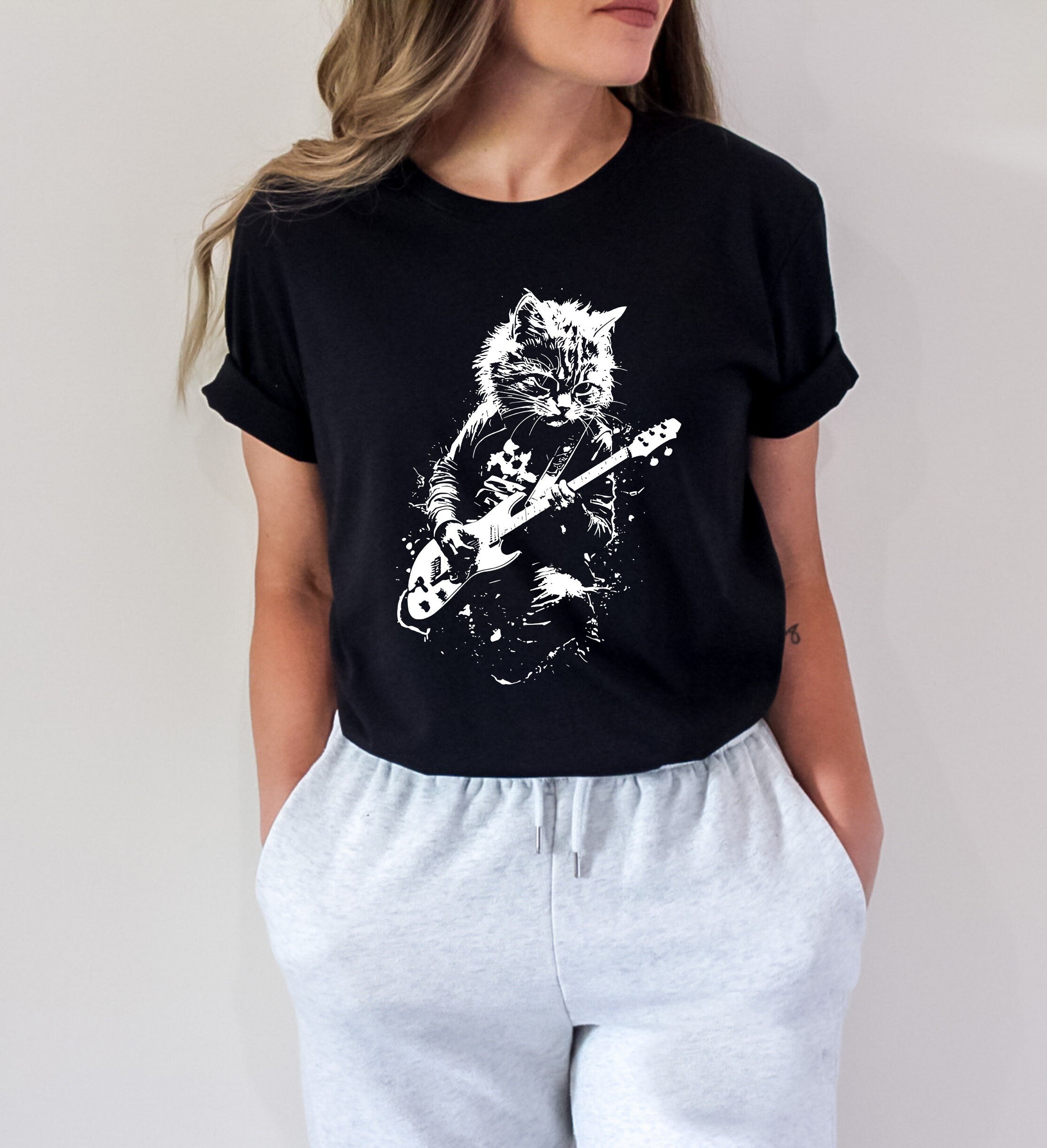 Rock Cat Guitar T-Shirt - Funny Cat Lover Gift Tee by H9NEKO