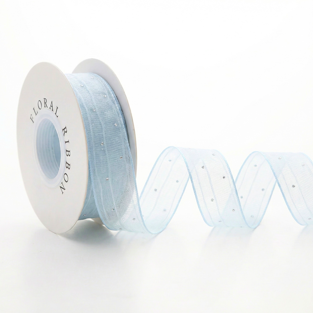 Sky Blue Polka Dot Mesh Ribbon 1" x 10yd | Snowy Effect for Wreaths & Crafts | H9Neko