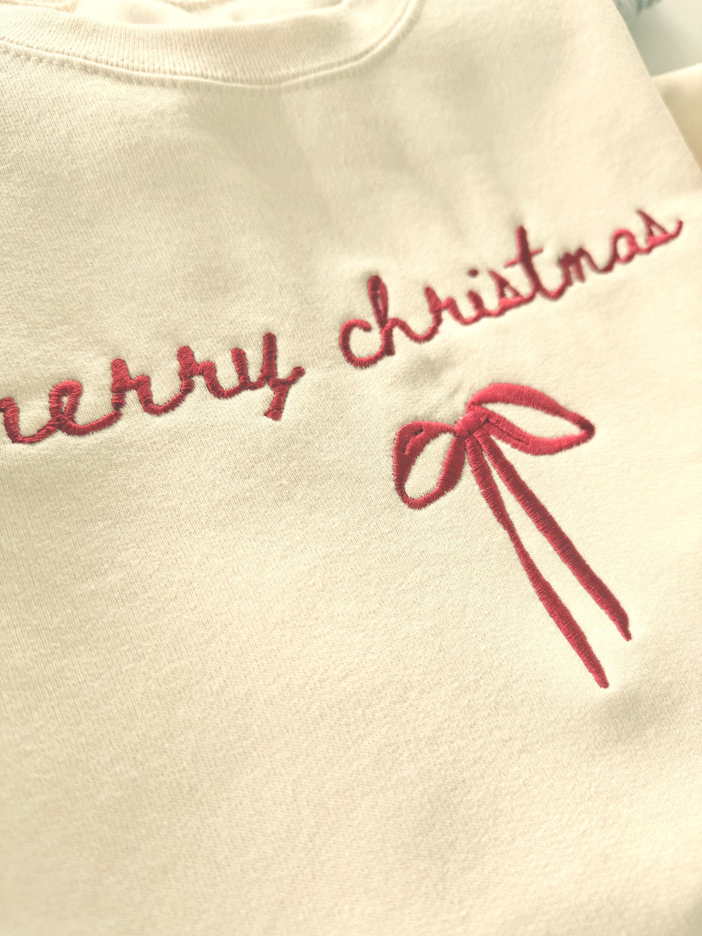 Merry Christmas Bow Sweatshirt - Hand Embroidered Holiday Top