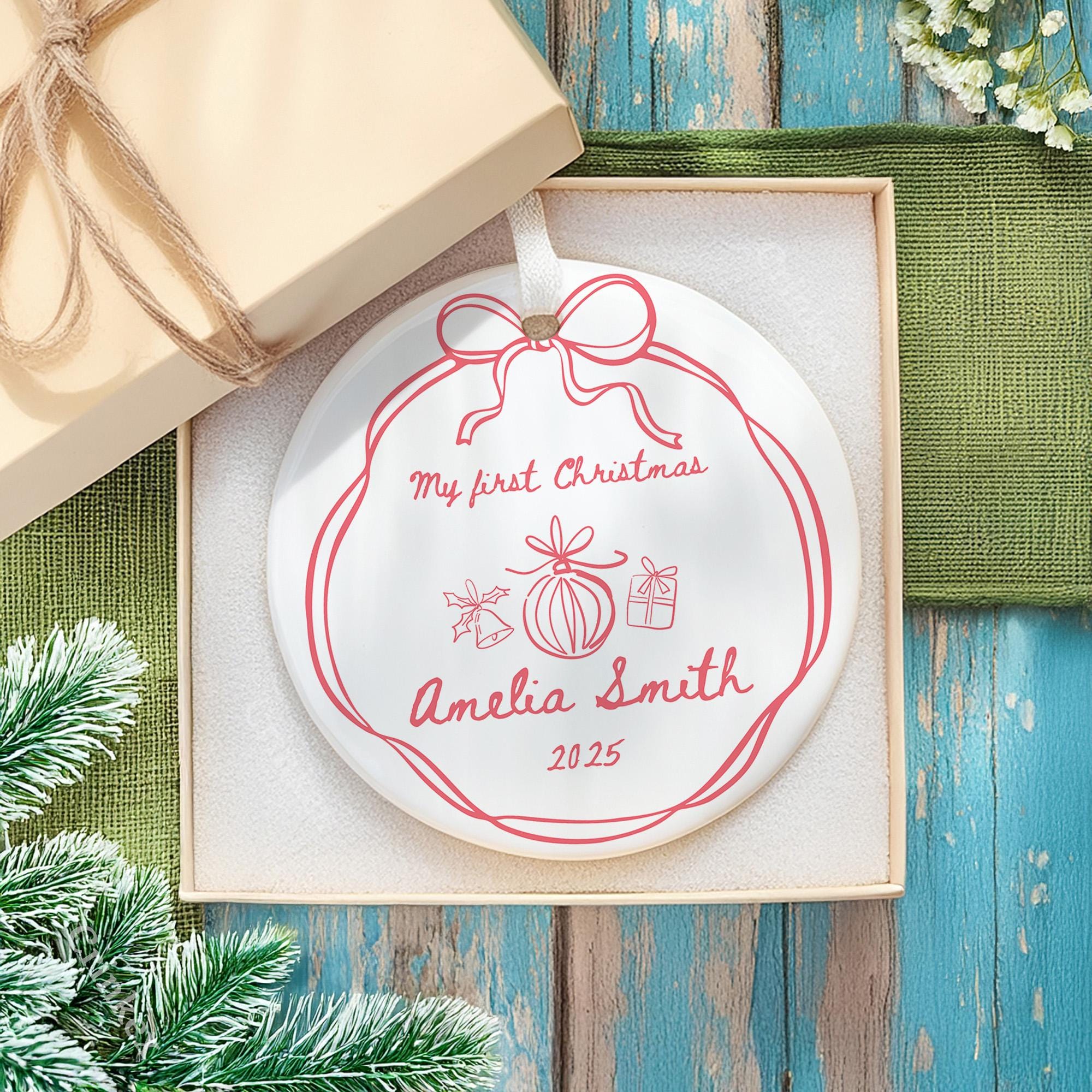 Personalized Baby First Christmas Ornament Vintage Ceramic Gift 2025