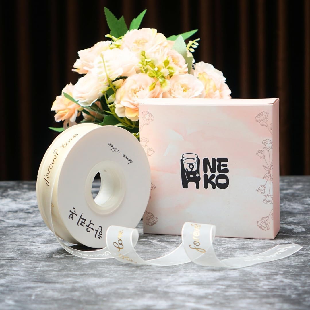 H9Neko 1-Inch Gold Foil Sheer Organza Ribbon |10 Yards Decorative Metallic Print Craft Ribbon for Gift Wrapping, Wedding, Floral Arrangements (Forever Love)