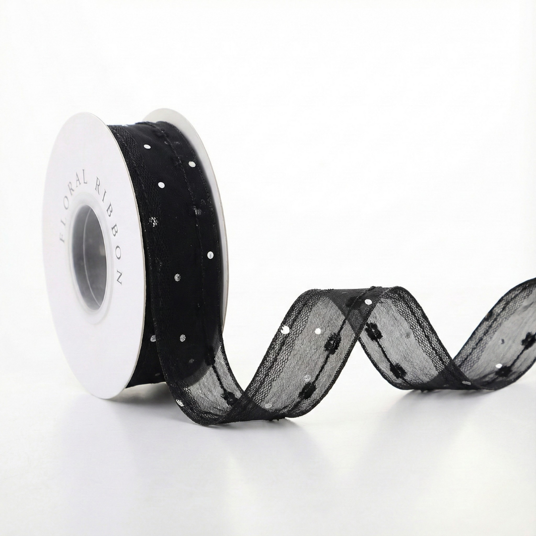 H9Neko Black Sheer Organza Ribbon with White Polka Dots  for Wrapping & Crafts