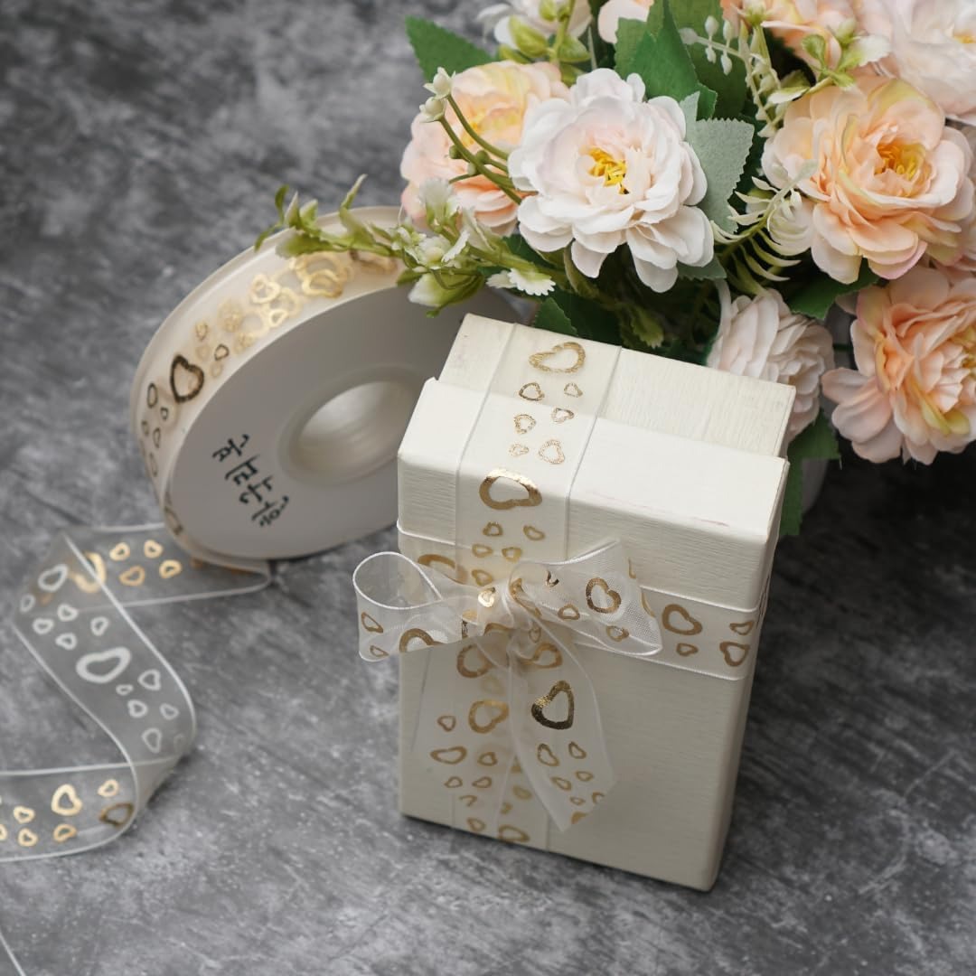H9Neko 1-Inch Gold Foil Sheer Organza Ribbon |10 Yards Decorative Metallic Print Craft Ribbon for Gift Wrapping, Wedding, Floral Arrangements (Hearts)