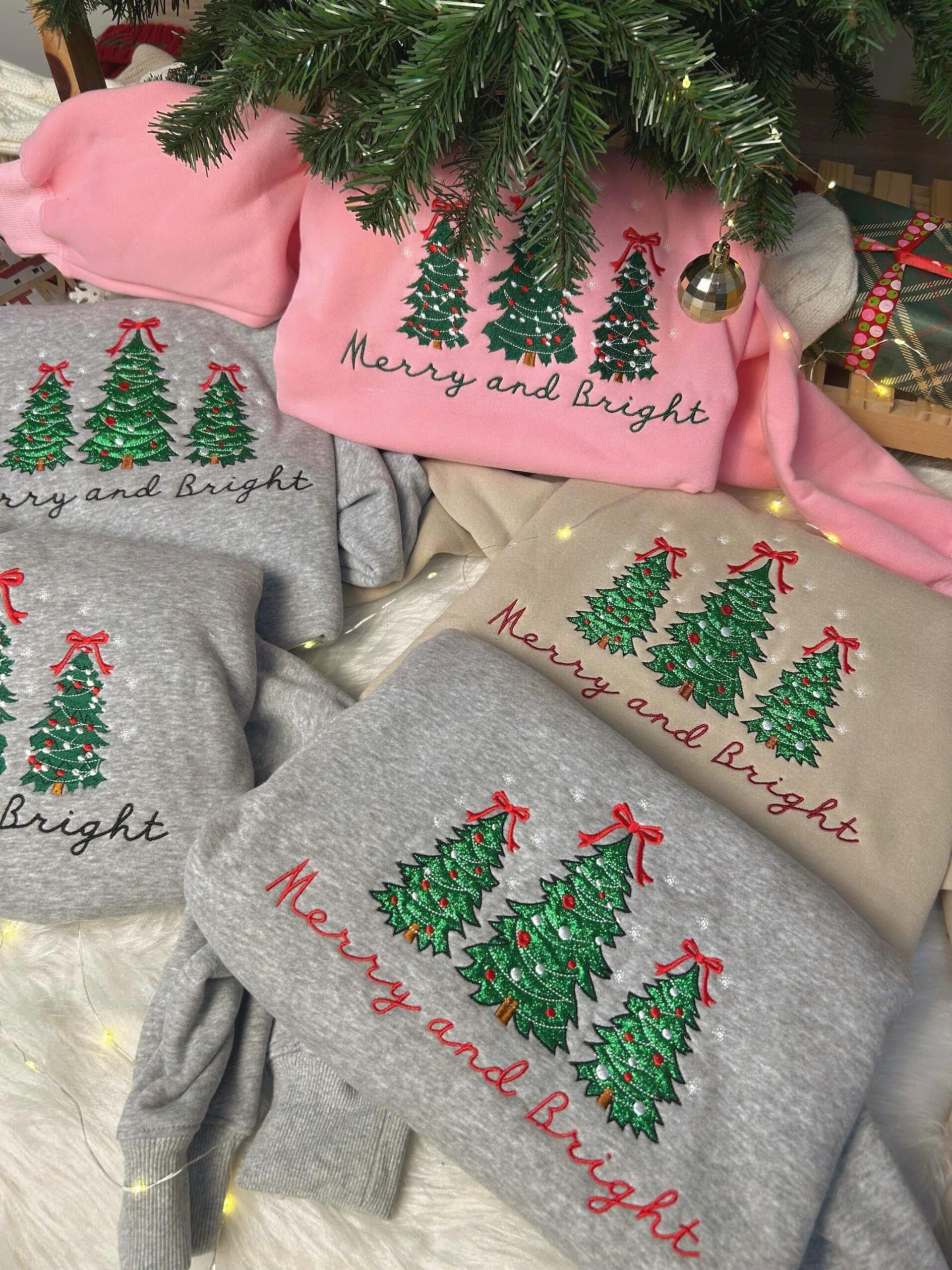 H9Neko Merry and Bright Christmas Hoodie – Embroidered Pine Tree Holiday Outfit & Gift Idea