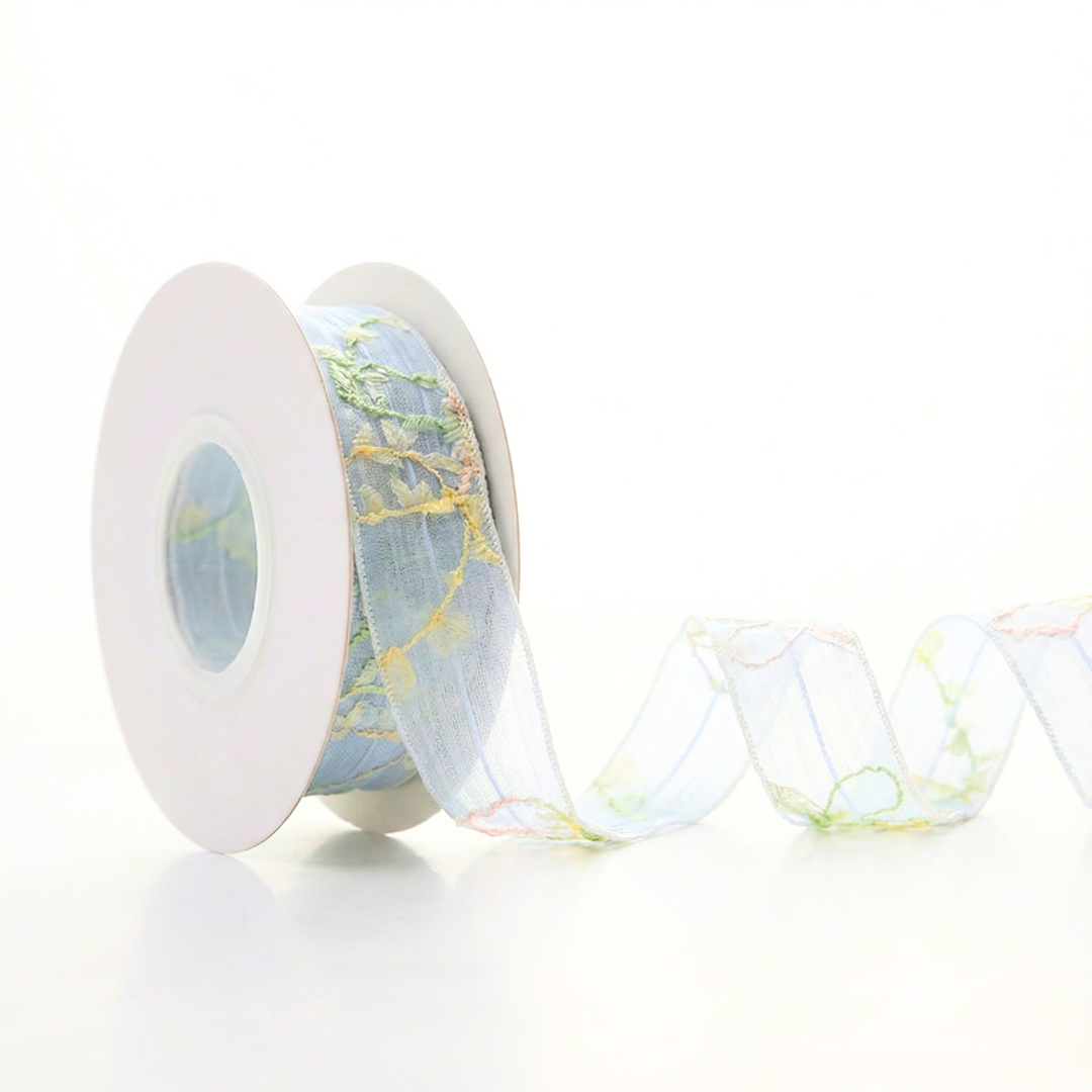 Frosty Blue Vine Sheer Ribbon 1" x 10yd | Delicate Winter Garden Gift Wrapping | H9Neko
