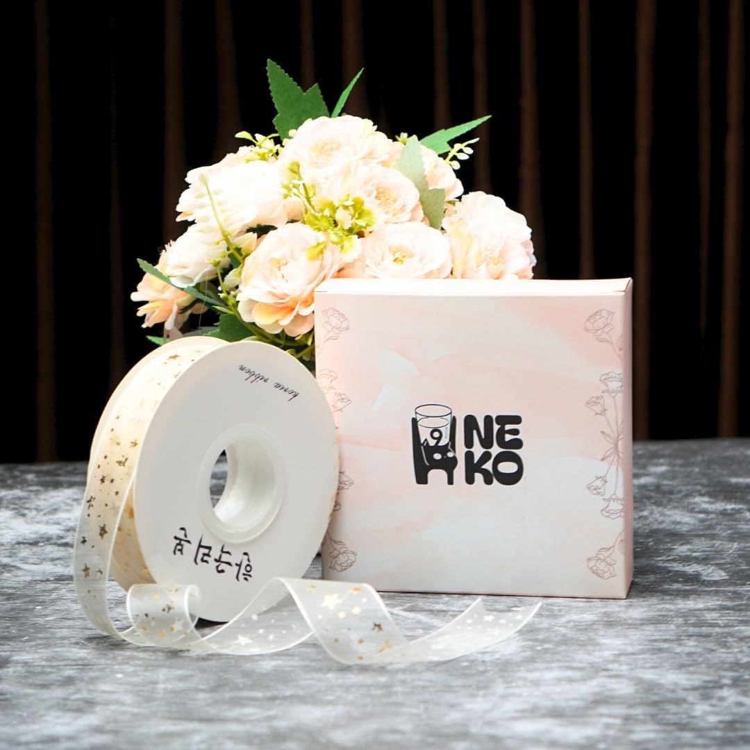 H9Neko 1-Inch Gold Foil Sheer Organza Ribbon |10 Yards Decorative Metallic Print Craft Ribbon for Gift Wrapping, Wedding, Floral Arrangements (Stars)