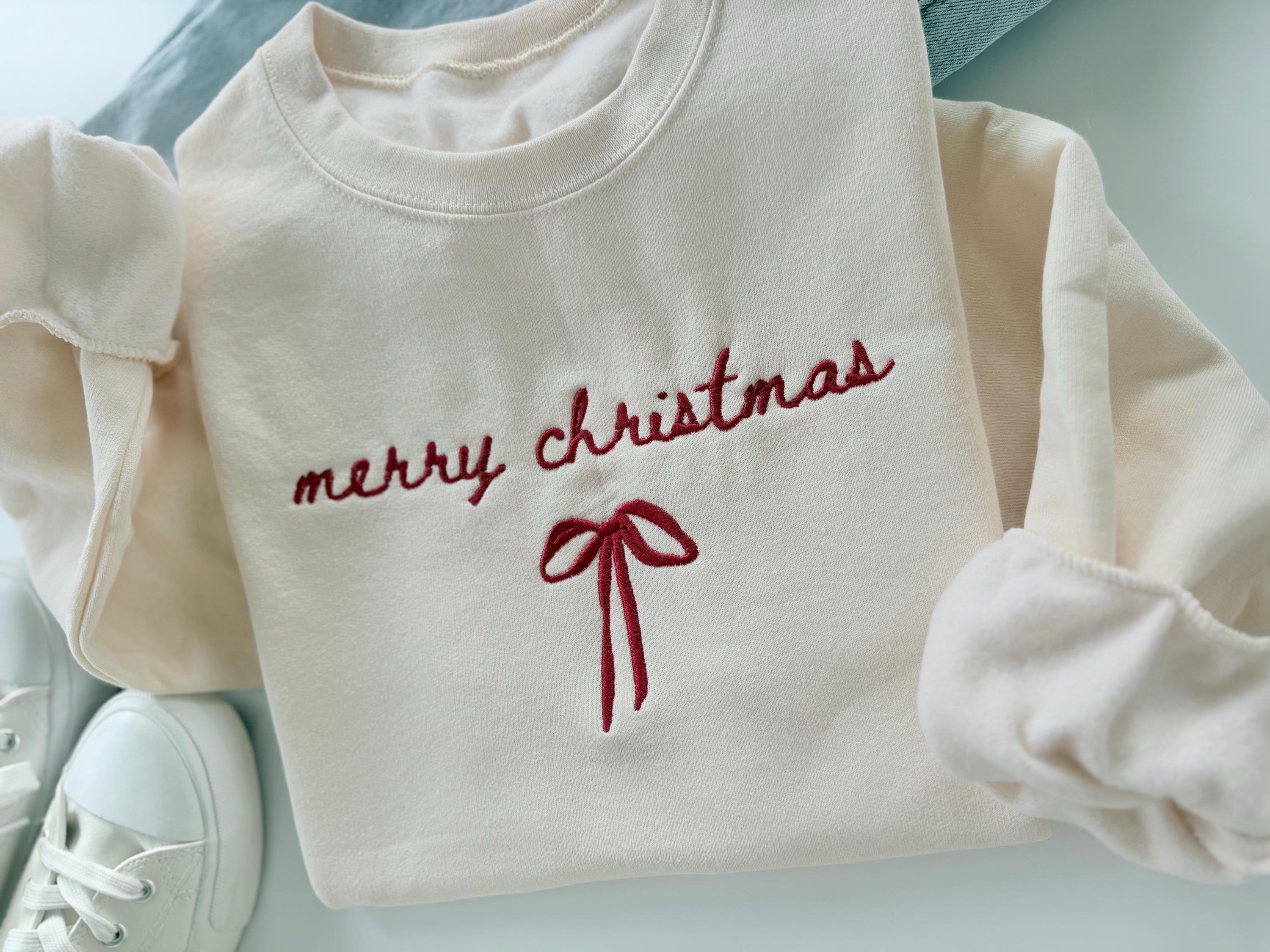Merry Christmas Bow Sweatshirt - Hand Embroidered Holiday Top