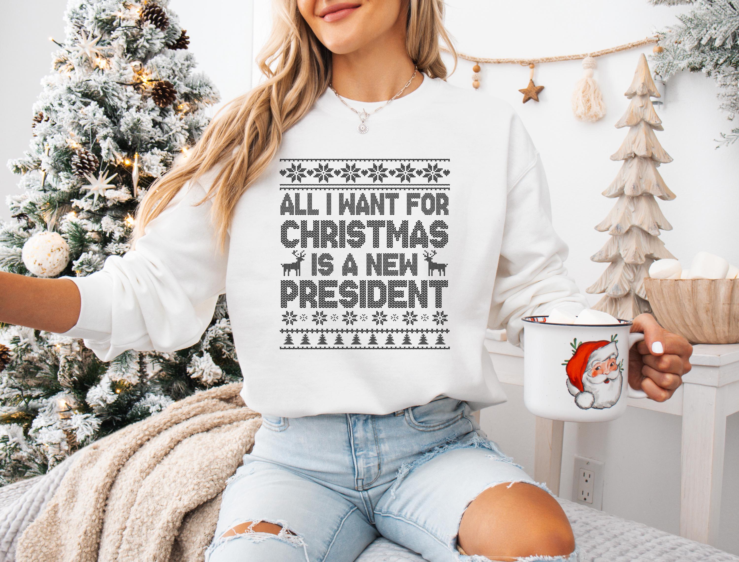 H9Neko All I Want for Christmas Is a New President Sweatshirt – Funny Political Holiday Pullover, Sarcastic Ugly Christmas Crewneck