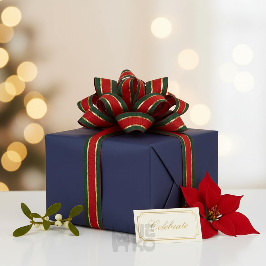 H9Neko Christmas Gift Wrapping Ribbon Wide, Red Green Gold Metallic Holiday Trim | 25 Yard Bulk Roll for DIY Wreaths & Craft Supplies