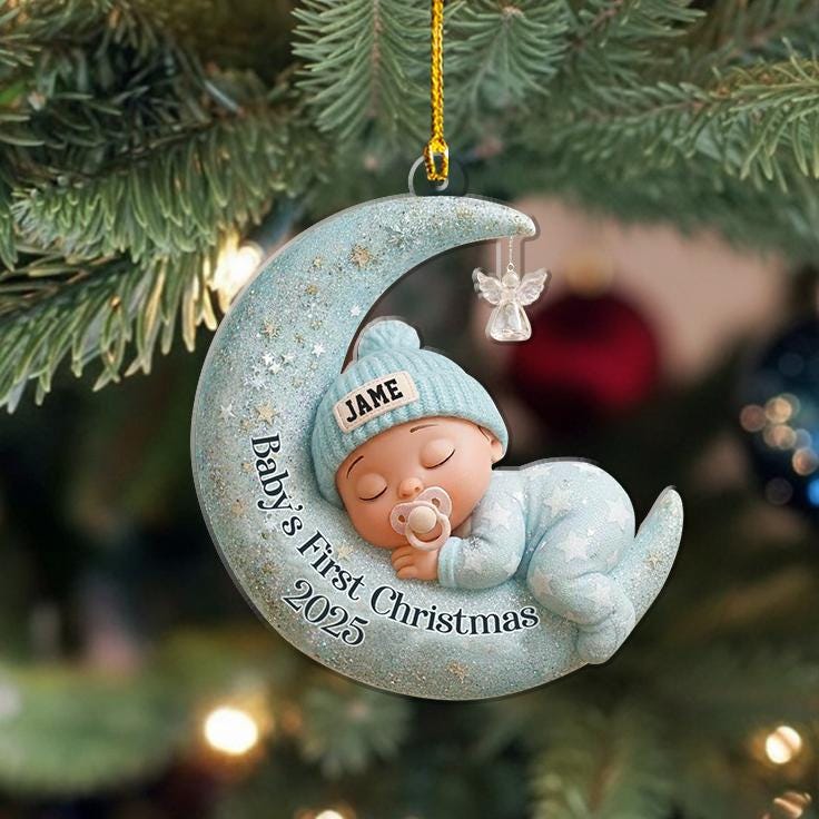 H9neko Personalized Baby’s 1st Christmas Moon Acrylic Ornament 2025