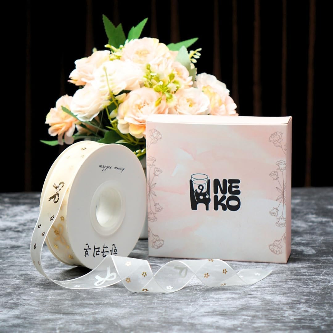 H9Neko 1-Inch Gold Foil Sheer Organza Ribbon |10 Yards Decorative Metallic Print Craft Ribbon for Gift Wrapping, Wedding, Floral Arrangements (Bow)