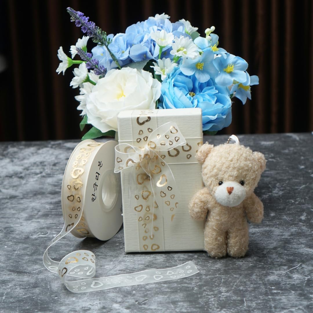 H9Neko 1-Inch Gold Foil Sheer Organza Ribbon |10 Yards Decorative Metallic Print Craft Ribbon for Gift Wrapping, Wedding, Floral Arrangements (Hearts)