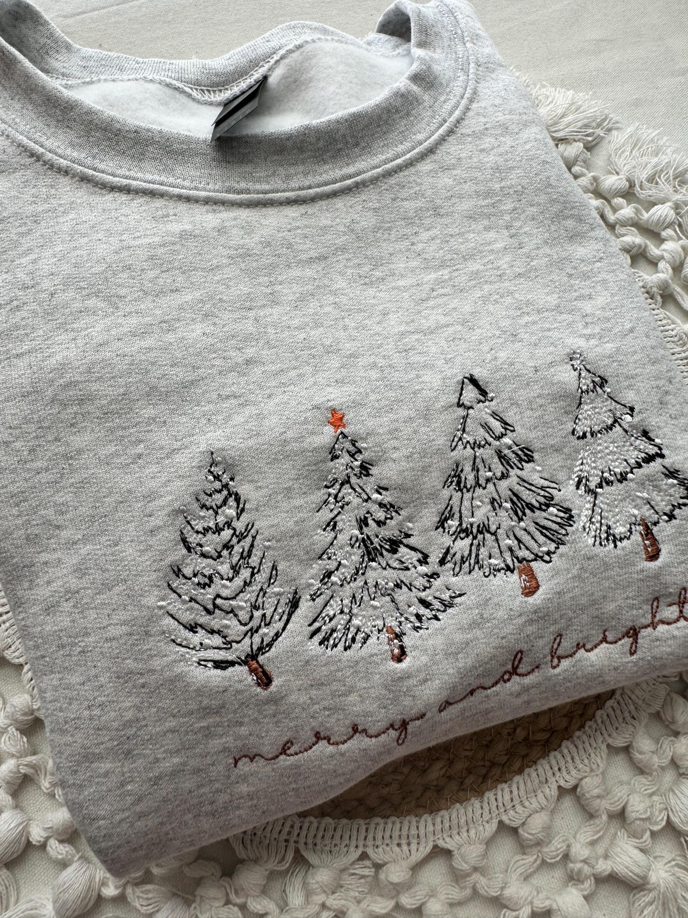 Merry & Bright Embroidered Christmas Hoodie – 4 Christmas Trees Crewneck | H9Neko