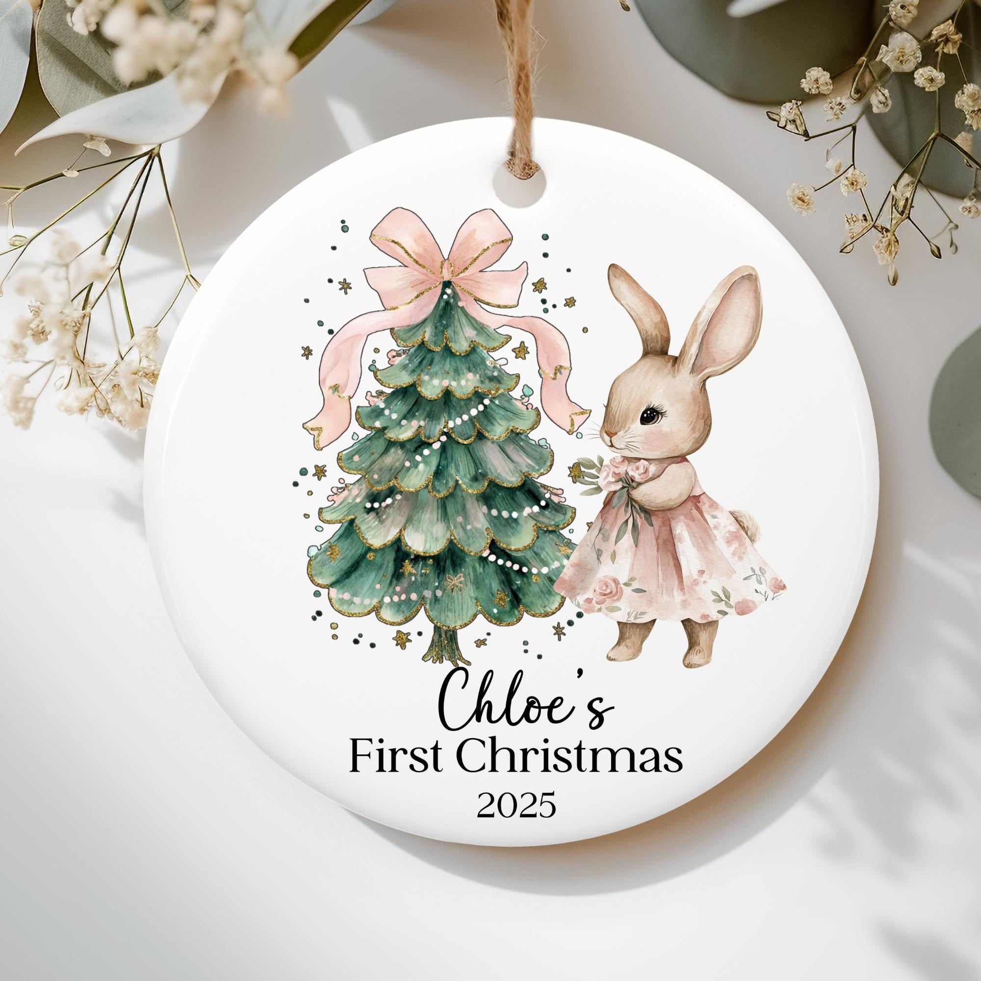 Personalized 1st Christmas Ornament for Baby Girl - Pink Bow Gift