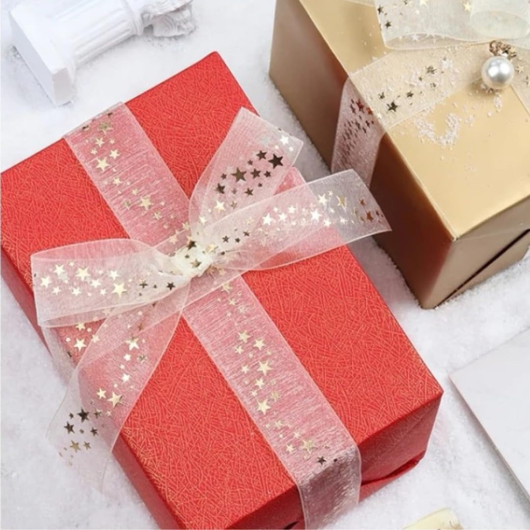 H9Neko 1-Inch Gold Foil Sheer Organza Ribbon |10 Yards Decorative Metallic Print Craft Ribbon for Gift Wrapping, Wedding, Floral Arrangements (Stars)