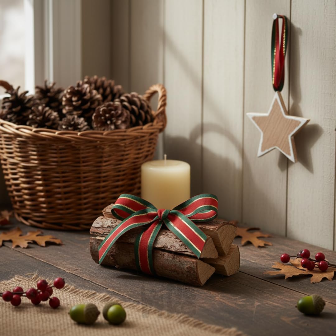 H9Neko Christmas Gift Wrapping Ribbon Wide, Red Green Gold Metallic Holiday Trim | 25 Yard Bulk Roll for DIY Wreaths & Craft Supplies