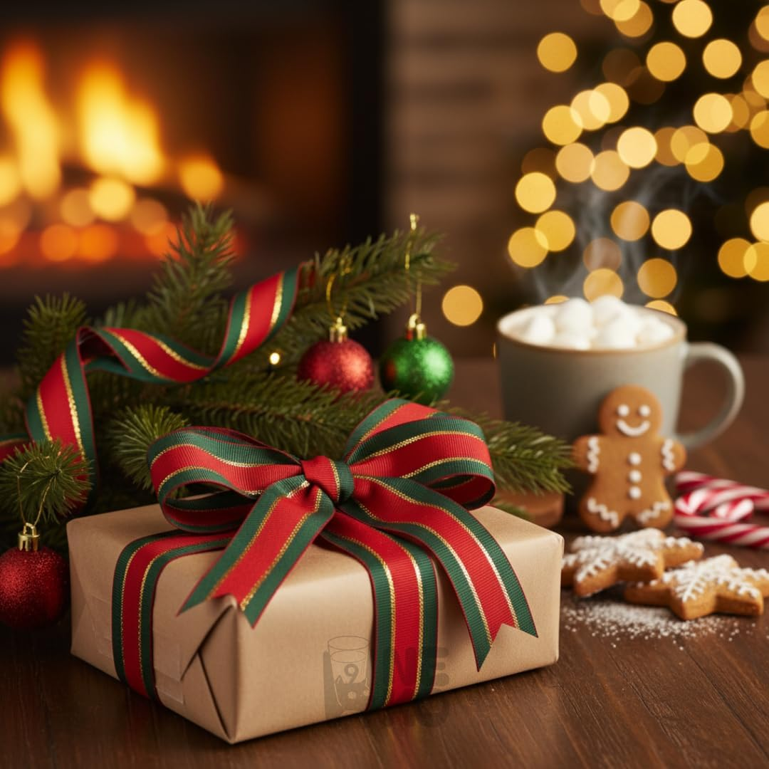 H9Neko Christmas Gift Wrapping Ribbon Wide, Red Green Gold Metallic Holiday Trim | 25 Yard Bulk Roll for DIY Wreaths & Craft Supplies