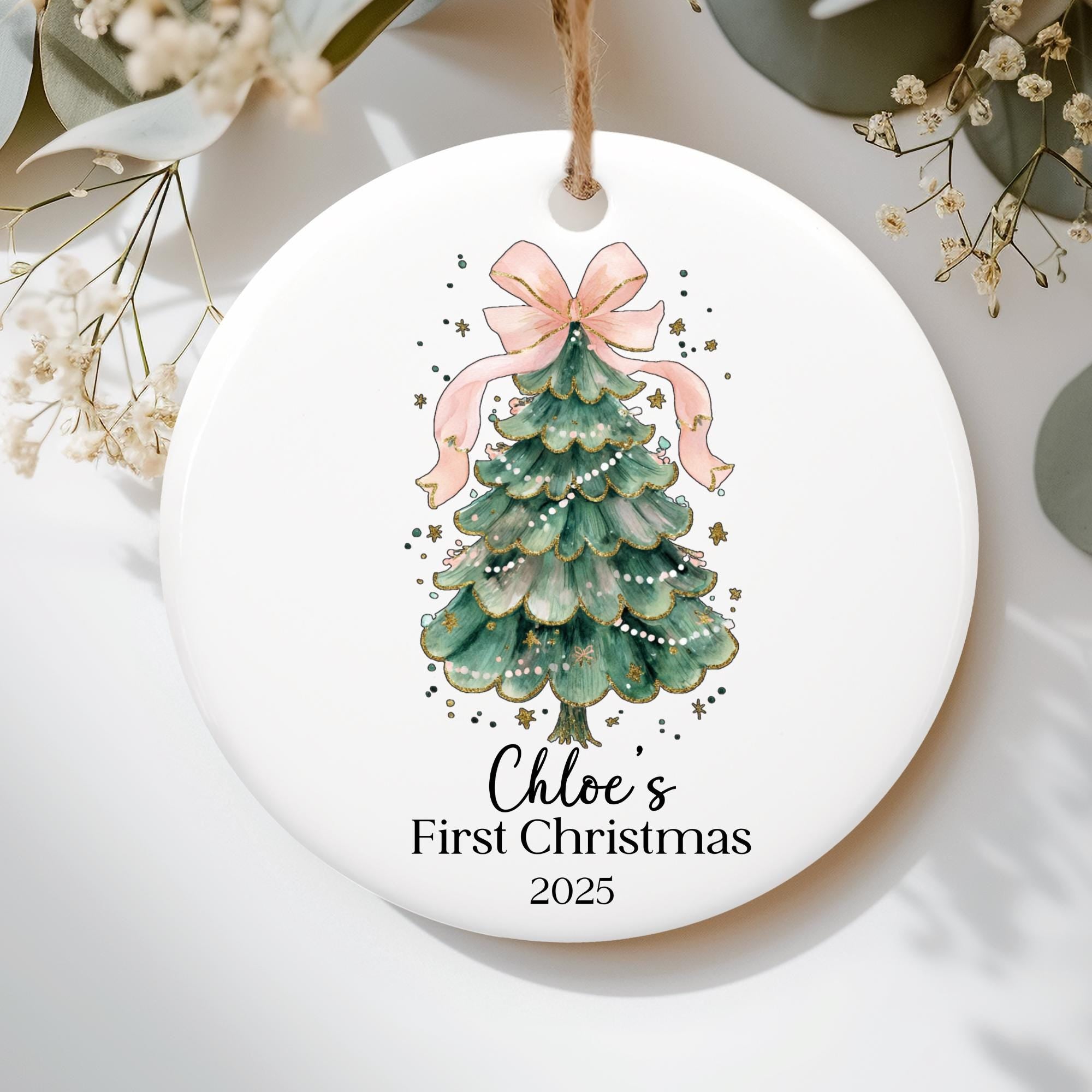 Personalized 1st Christmas Ornament for Baby Girl - Pink Bow Gift