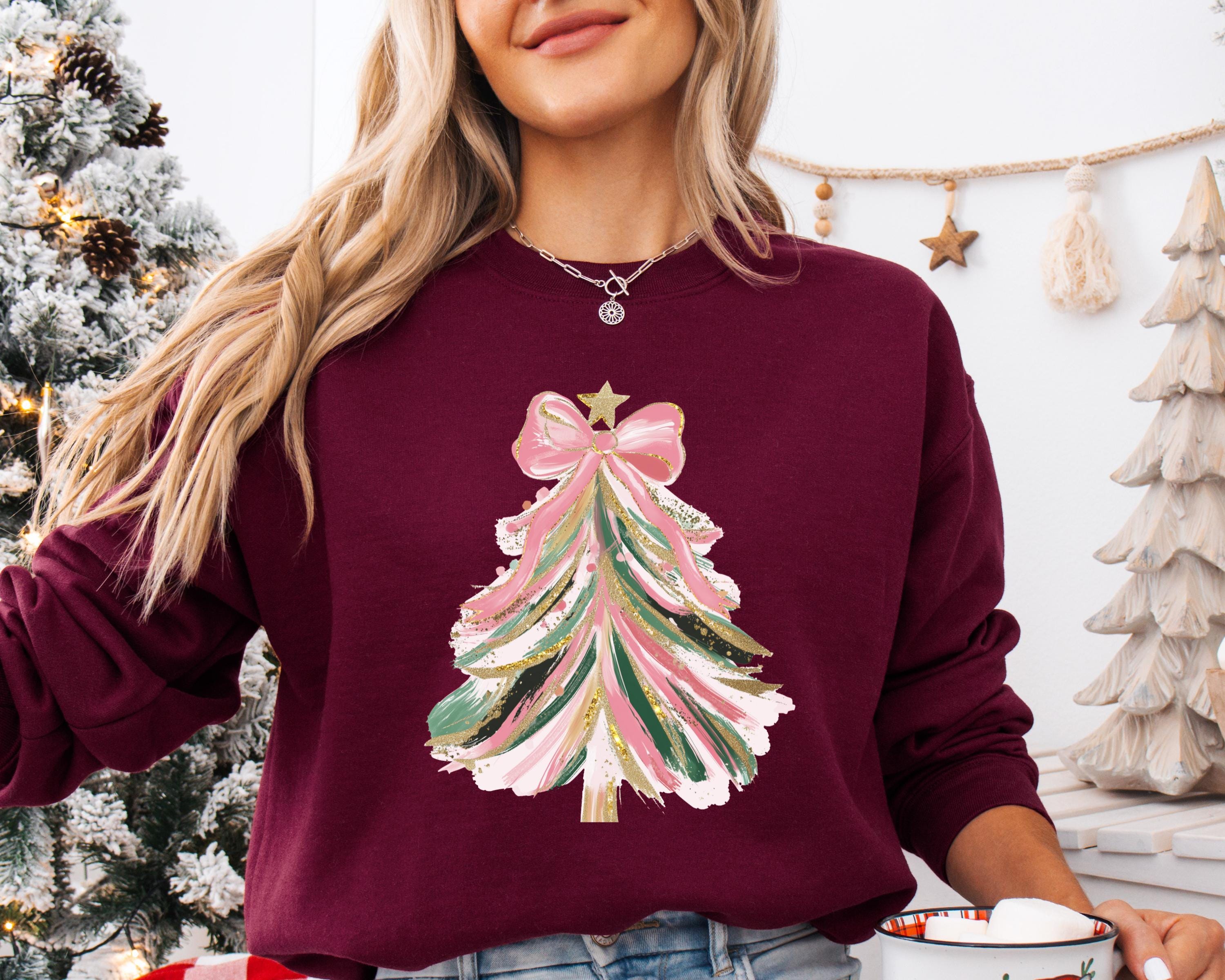 H9Neko Coquette Christmas Tree Sweatshirt – Faux Glitter Brushstroke Holiday Pullover for Christmas Girls