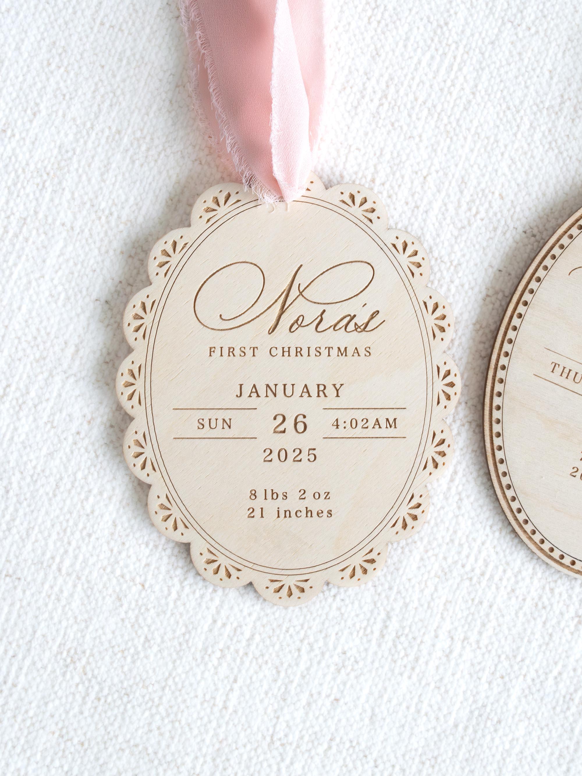 H9Neko Custom Baby’s First Christmas Ornament – Engraved Wooden Birth Stats & Name Gift