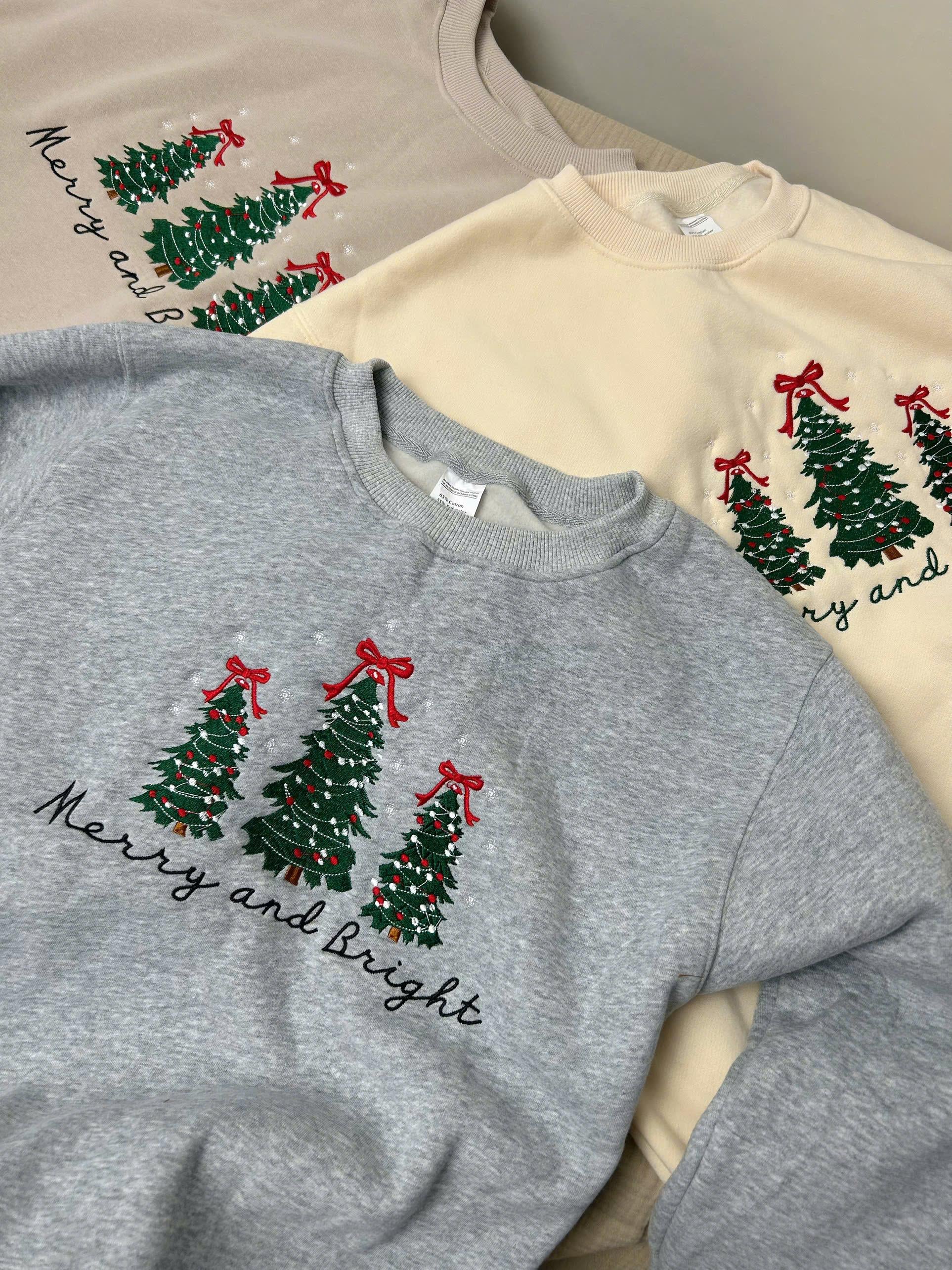 H9Neko Embroidered Pine Tree Christmas Sweatshirt – Merry and Bright Cozy Holiday Outfit