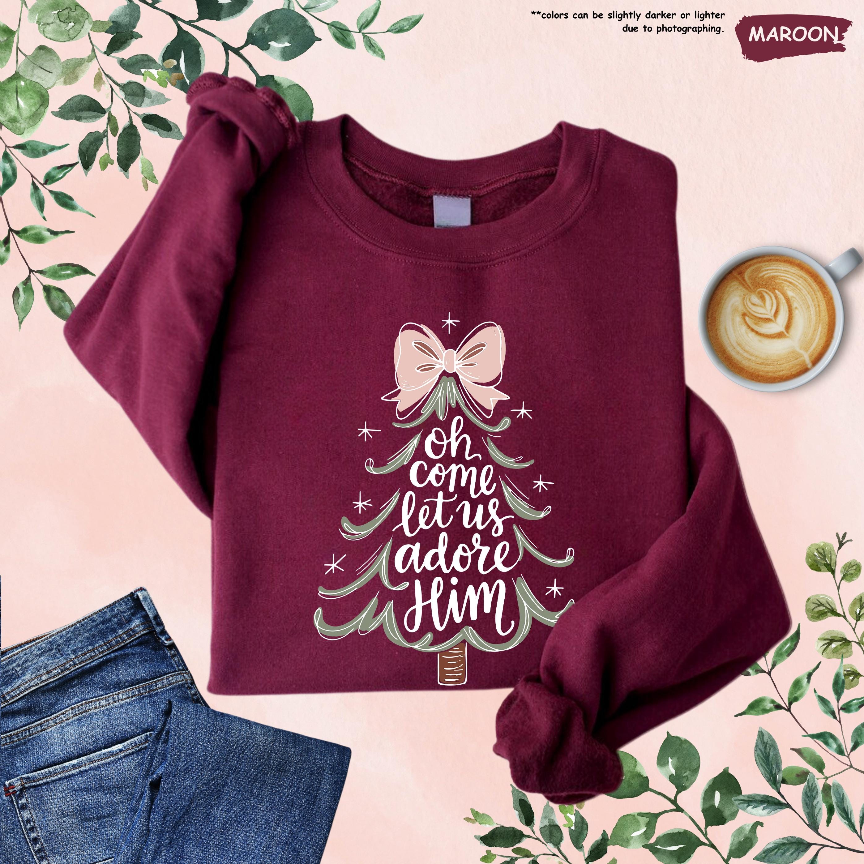 Religious Christmas Sweatshirt – Oh Come Let Us Adore Him Christian Hoodie | Jesus Nativity Sweater by H9Neko