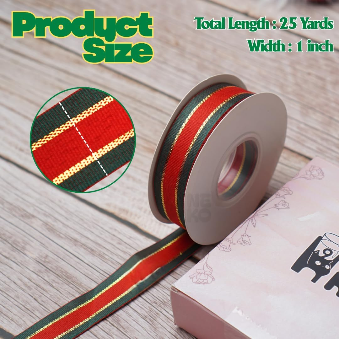 H9Neko Christmas Gift Wrapping Ribbon Wide, Red Green Gold Metallic Holiday Trim | 25 Yard Bulk Roll for DIY Wreaths & Craft Supplies