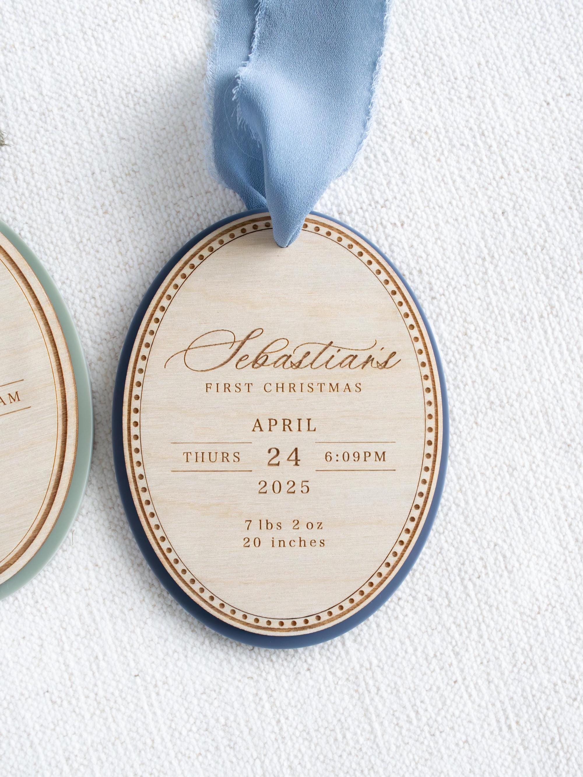 H9Neko Custom Baby’s First Christmas Ornament – Engraved Wooden Birth Stats & Name Gift