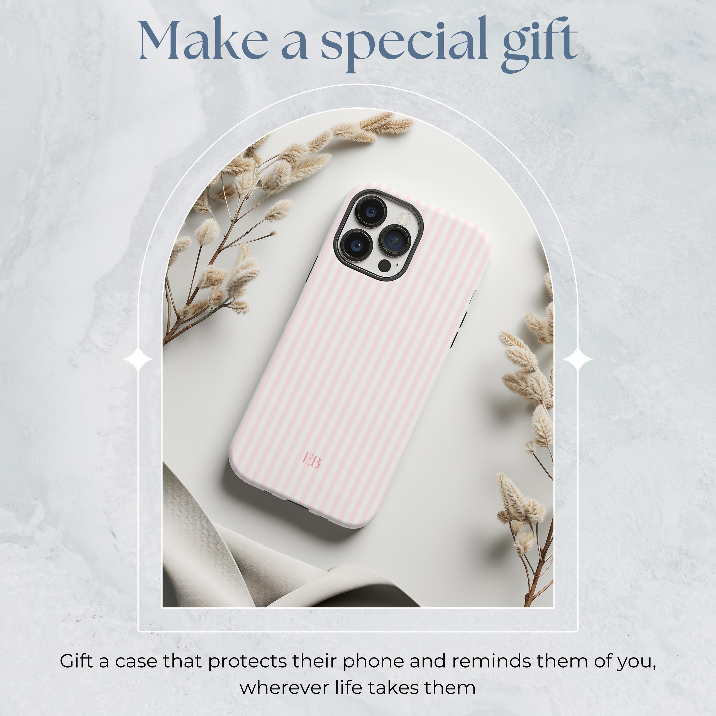 Personalized Pink Striped Phone Case – Custom Monogram Aesthetic Coastal Preppy Beachy iPhone Case
