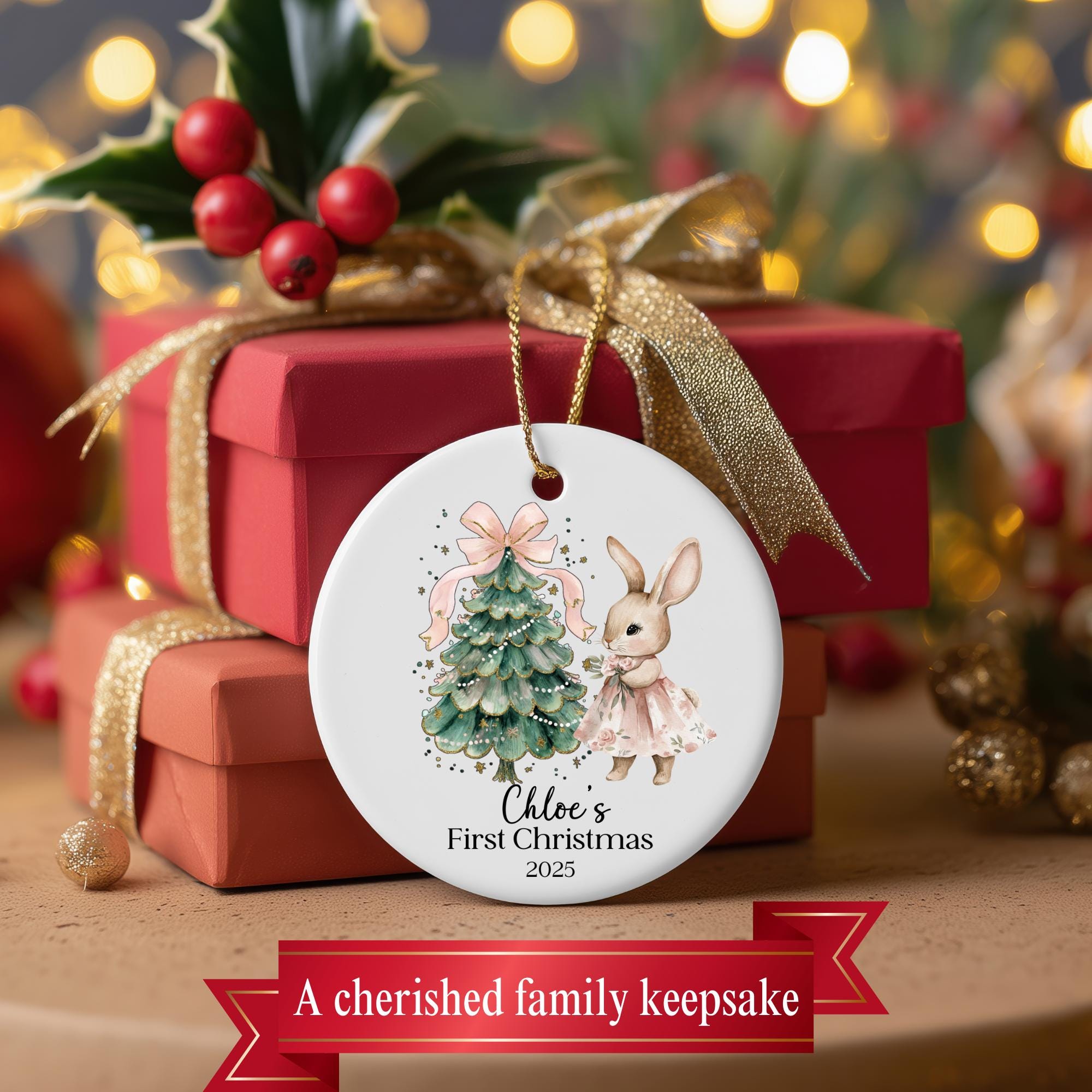 Personalized 1st Christmas Ornament for Baby Girl - Pink Bow Gift