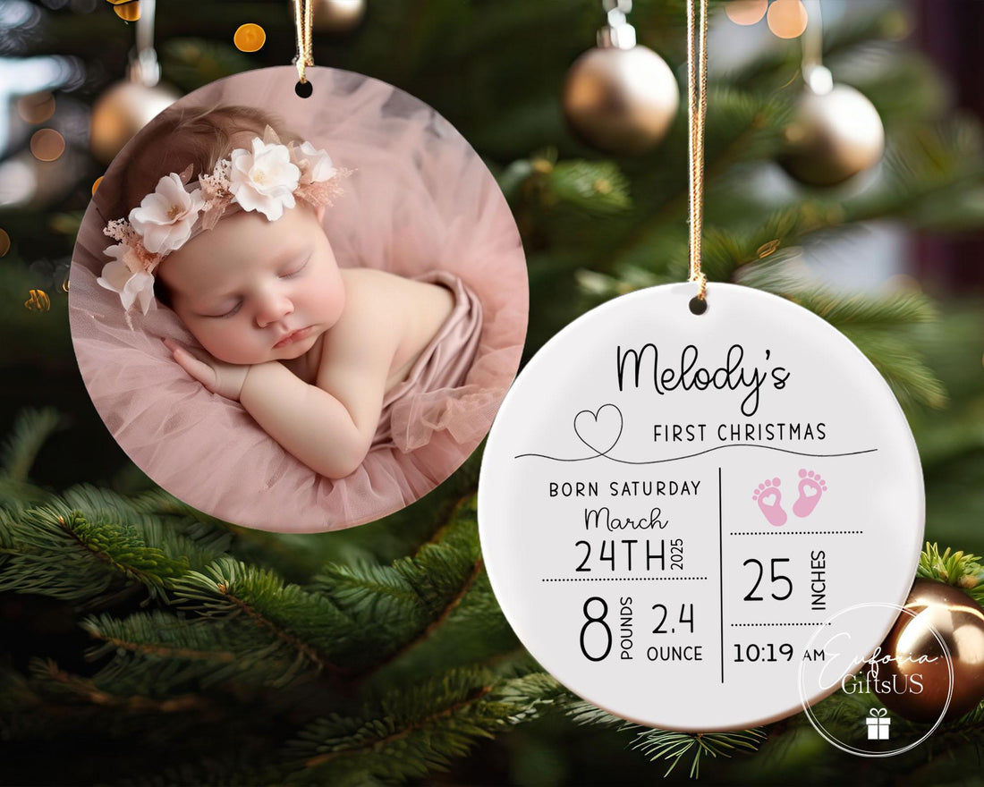 Personalized Newborn Keepsake Ornament – Birth Stats & Baby Photo