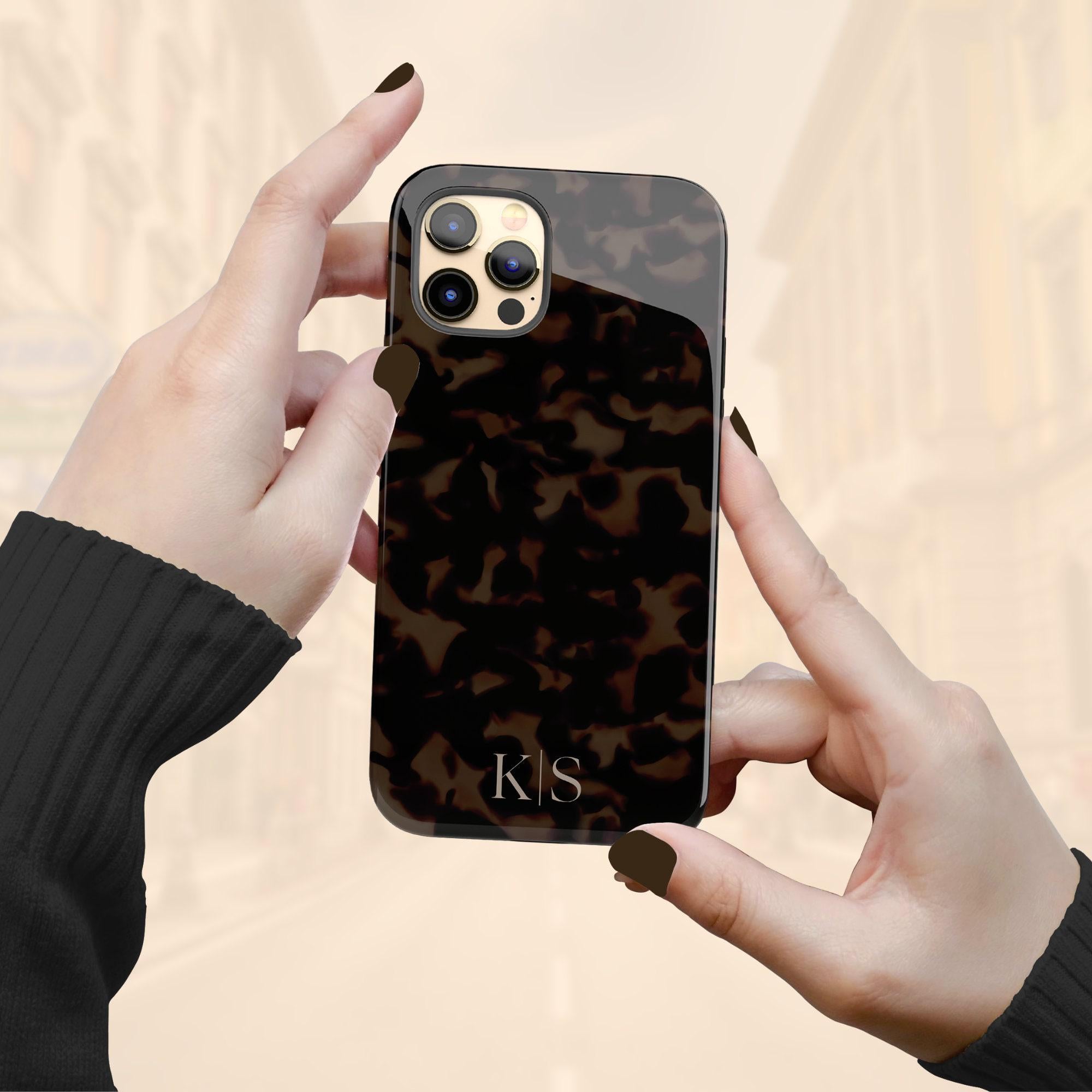 Personalized Tortoiseshell iPhone Case with Custom Initials | Monogram iPhone 15–17 Case