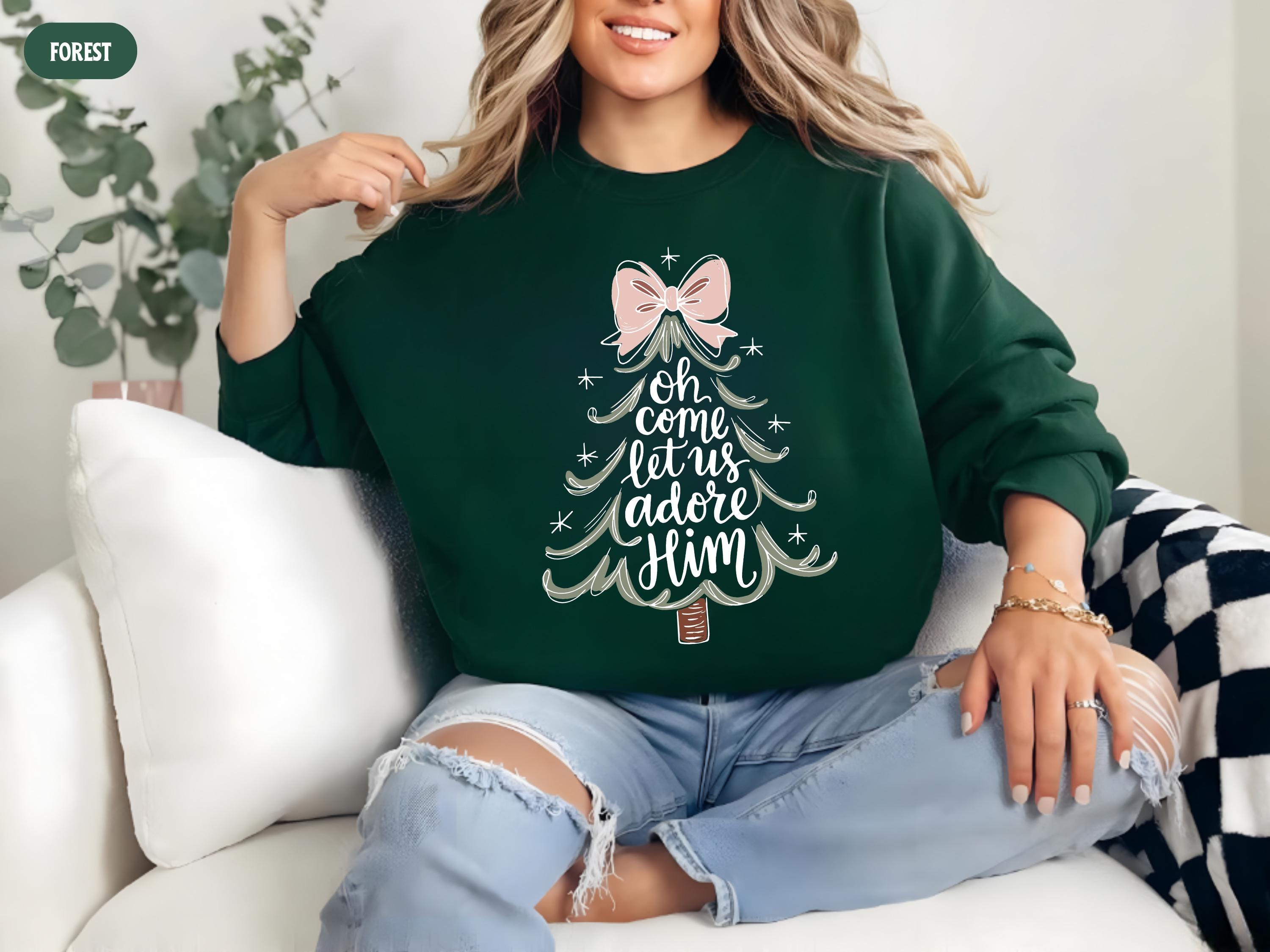 Religious Christmas Sweatshirt – Oh Come Let Us Adore Him Christian Hoodie | Jesus Nativity Sweater by H9Neko